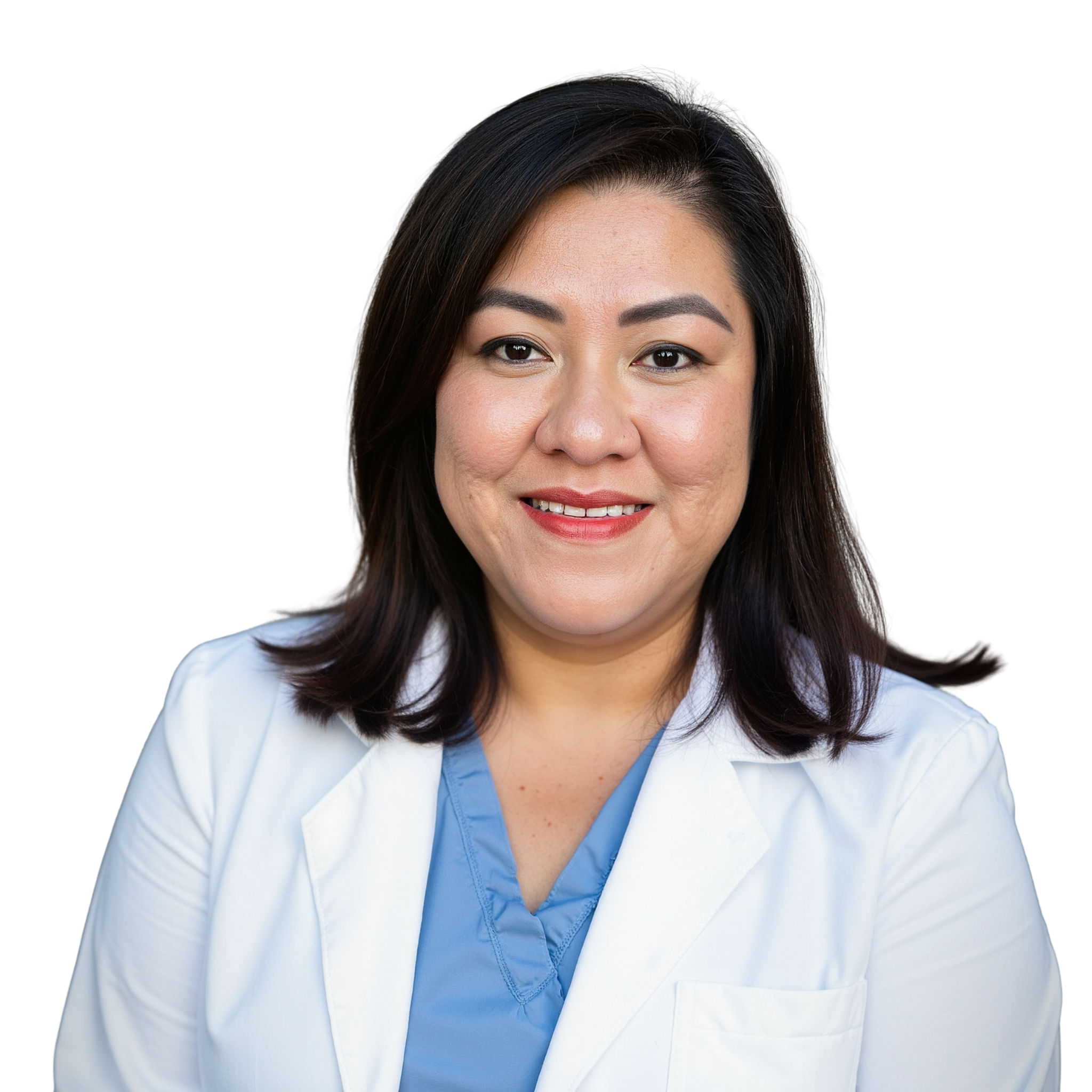 A woman wearing a white medical coat and blue scrubs, smiling at the camera.