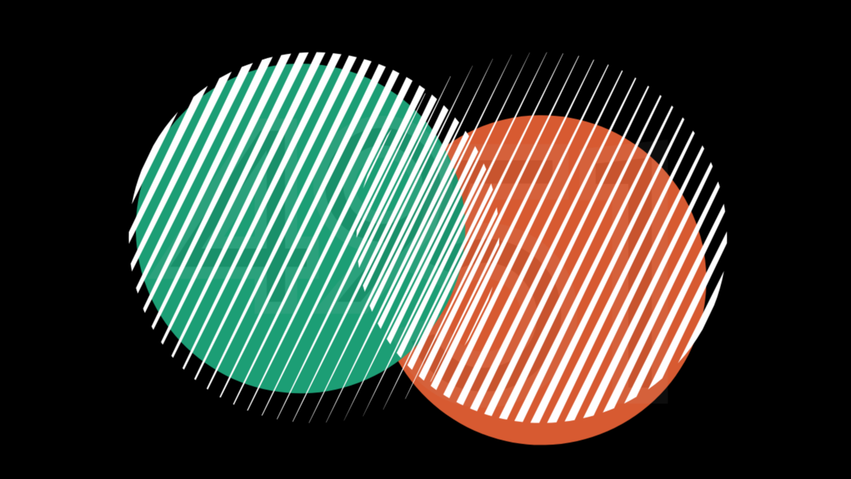 Graphic of overlapping green and orange circles with white diagonal lines on a black background.