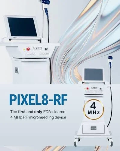Medical device called Pixel8-RF for RF microneedling, FDA-cleared, with screen displays and connected to monitors.