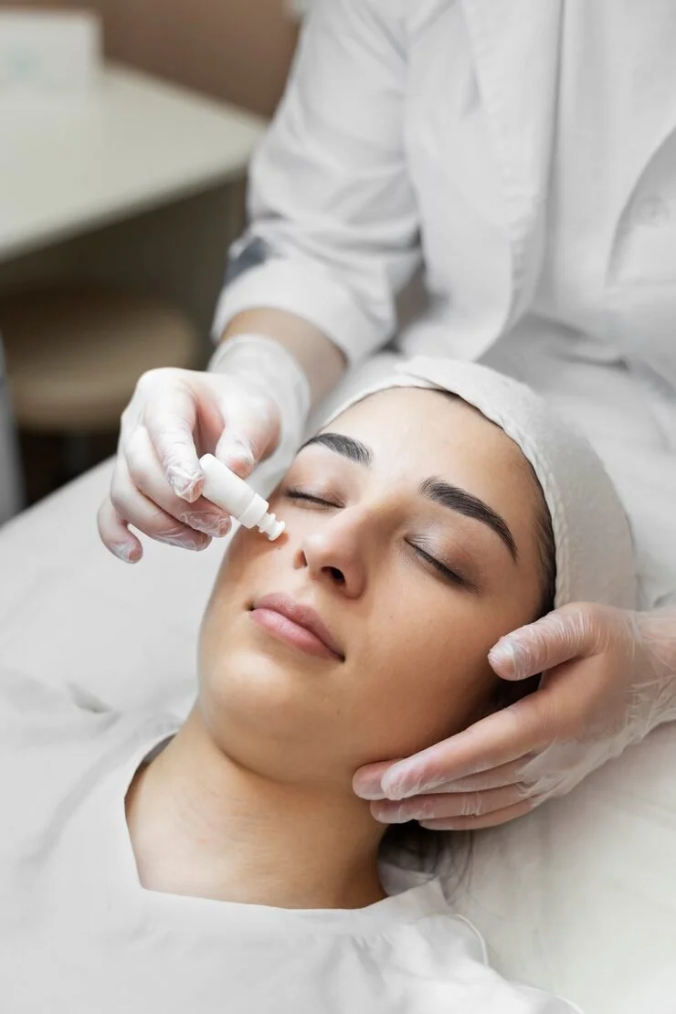 A woman receiving a facial treatment, with her eyes closed, lying down, while a professional applies a skincare product with a small brush.