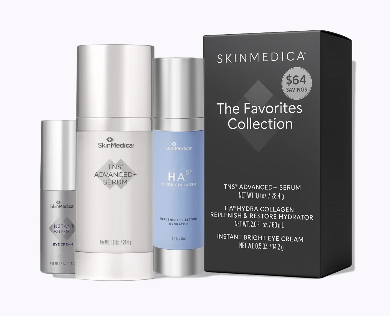 Skincare products from the SkinMedica The Favorites Collection, including TNS Advanced+ Serum, HA5 Hydra Collagen, and Instant Bright Eye Cream, along with packaging indicating savings of $64.