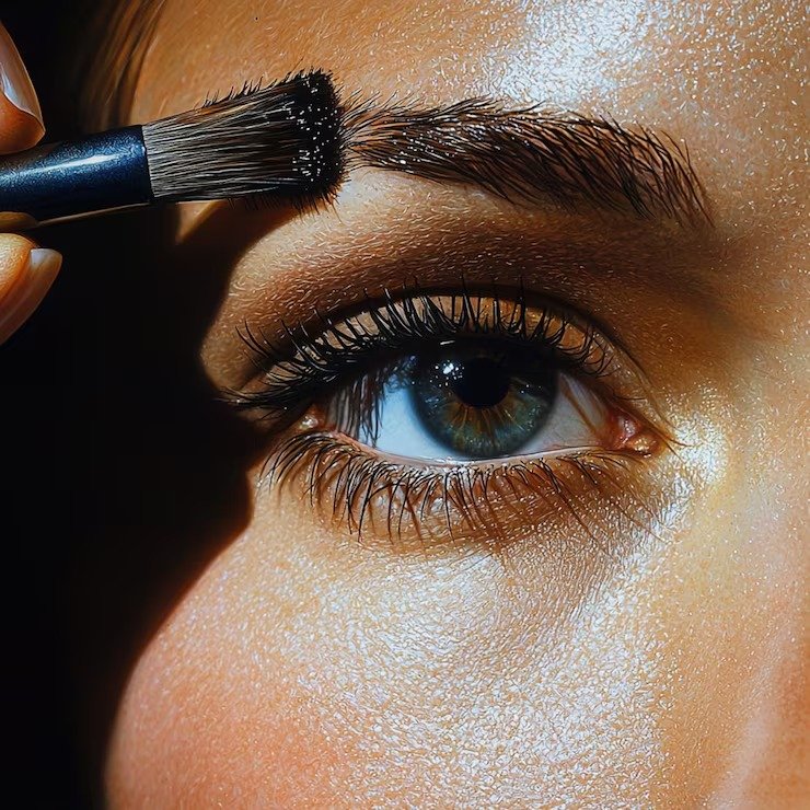 Close-up of a person's eye with a makeup brush applying eyebrow makeup.