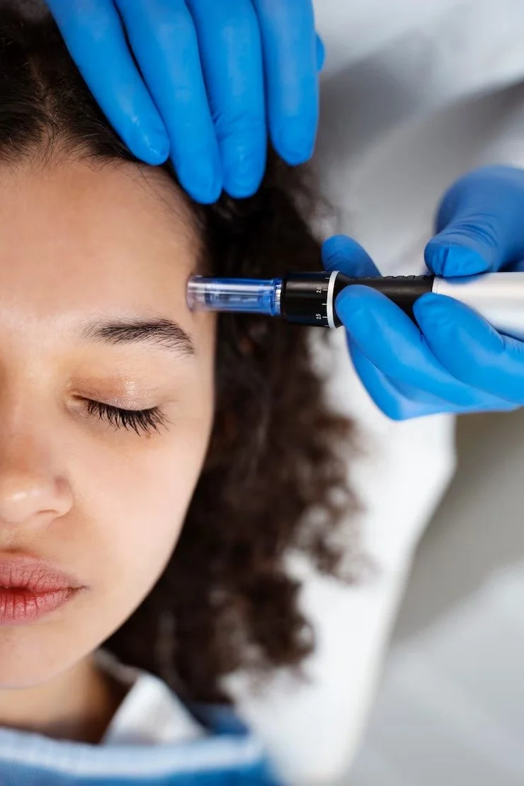 A woman with closed eyes receives an injection in her forehead from a healthcare professional wearing blue gloves.