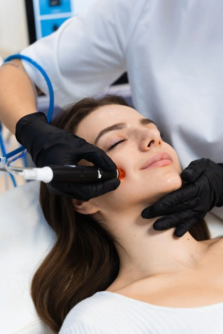 A woman lying down with her eyes closed while a medical professional performs a cosmetic treatment with a device on her cheek in a clinical setting.
