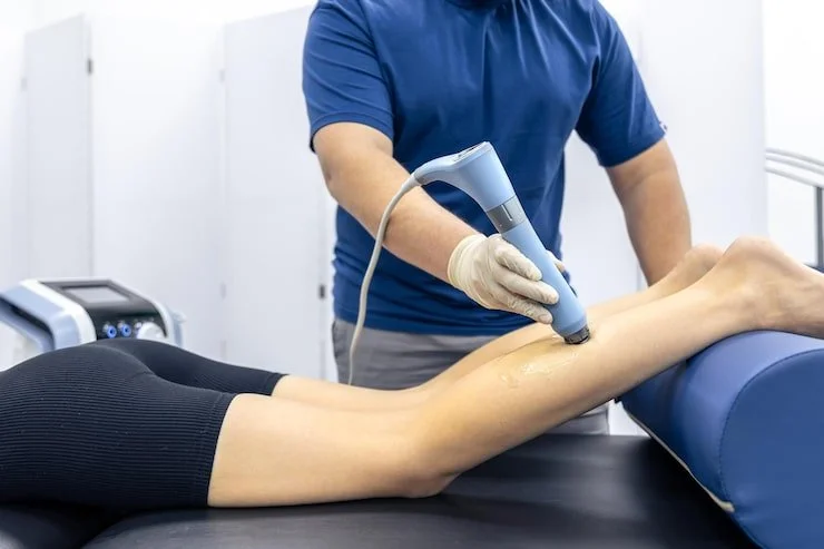 Doctor performing a medical procedure on a patient's lower leg with a handheld device in a clinical setting.