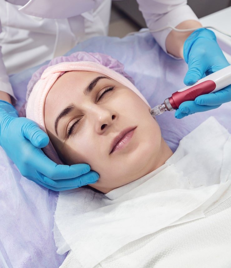 A woman receiving a cosmetic facial treatment with a device being applied to her face by a professional in a clinical setting.