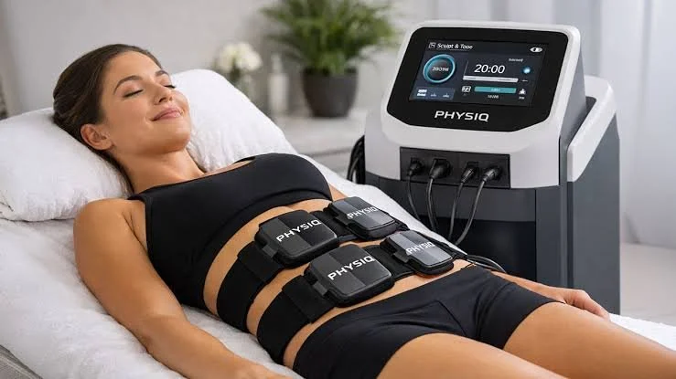 A woman lying on a bed with eyes closed, connected to a medical device with multiple pads on her abdomen for a body contouring treatment.