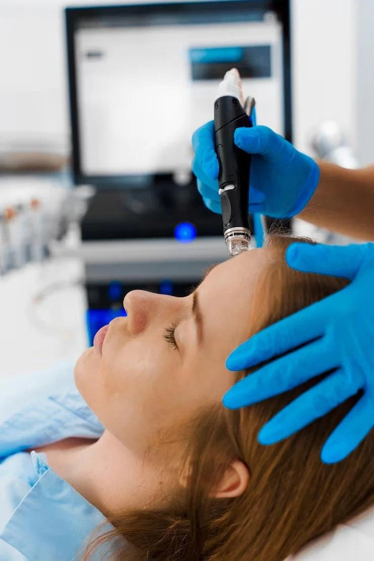 A woman receives a cosmetic treatment to her face with a device held by a gloved technician in a clinical setting.