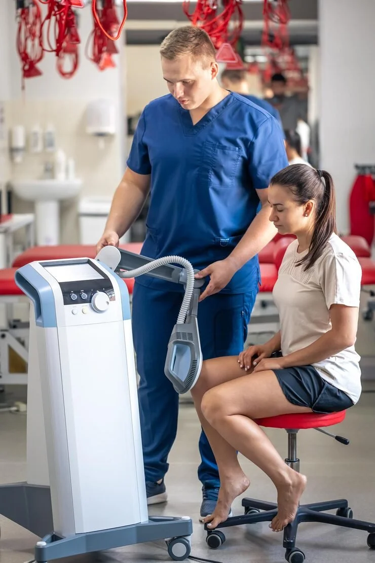 Medical professional using a portable ventilator on a patient sitting on a stool in a clinical setting.