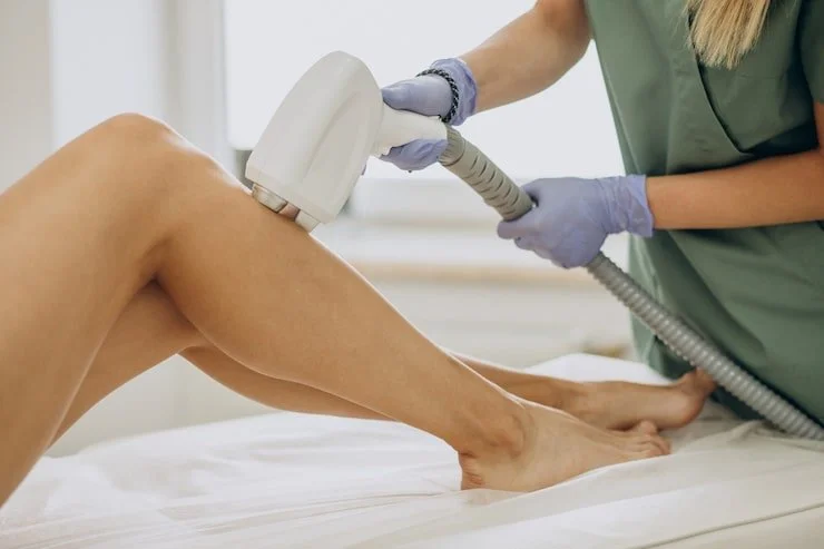 A healthcare worker performing a laser hair removal treatment on a patient's leg.