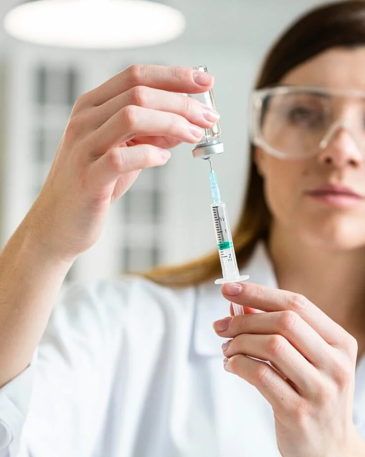 A healthcare professional preparing a vaccine or medication by drawing liquid from a small vial into a syringe, with safety goggles for protection.