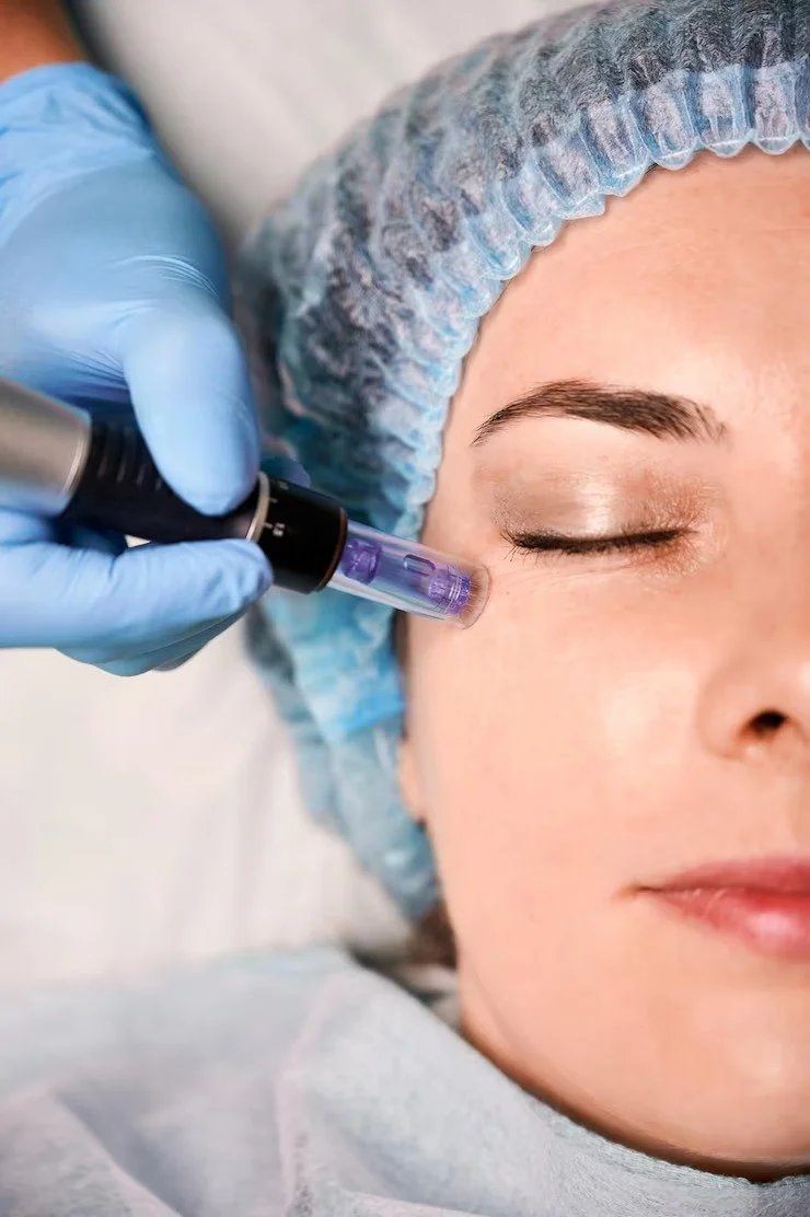 A person receiving a cosmetic injection near the eye by a medical professional wearing blue gloves and a hair cap.