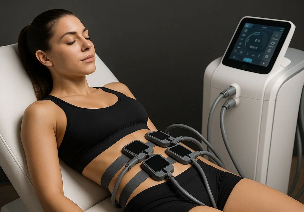 A woman is lying on a reclined medical chair with six attached pads on her abdomen connected to a control machine, indicating she is undergoing a non-invasive body contouring treatment.