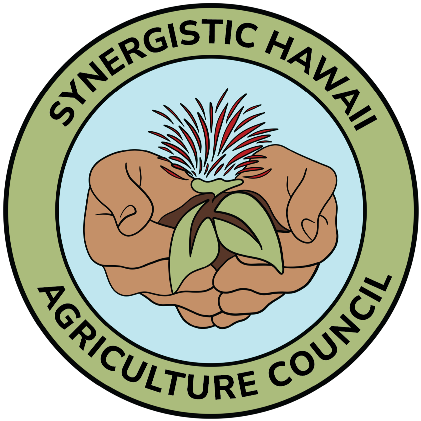 Synergistic Hawaii Agriculture Council logo hands holding soil and ohia flower