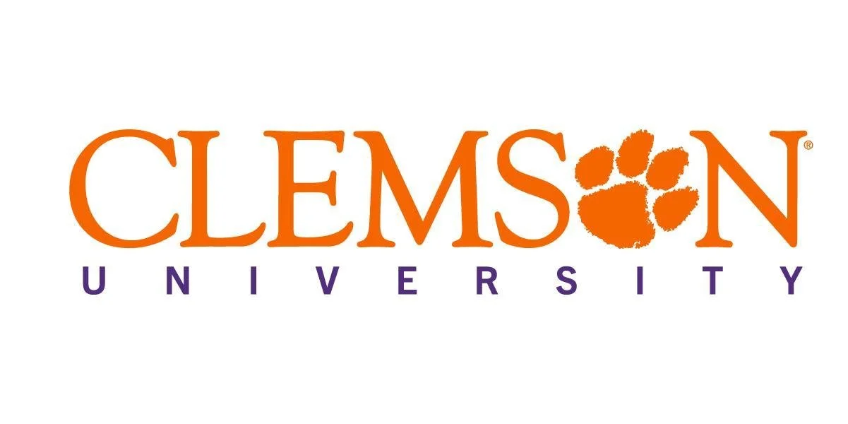 Clemson University logo with orange college text and purple university text, featuring an orange tiger paw print.