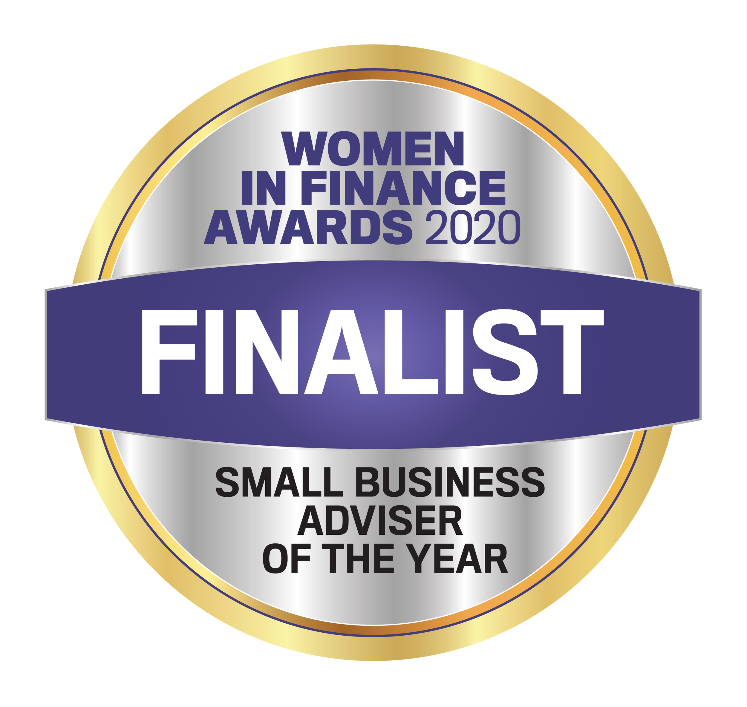 Gold and silver award badge with purple text that reads 'Women in Finance Awards 2020 Finalist Small Business Adviser of the Year'.