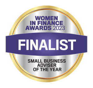 Badge for Women in Finance Awards 2023, indicating finalist status as Small Business Adviser of the Year.