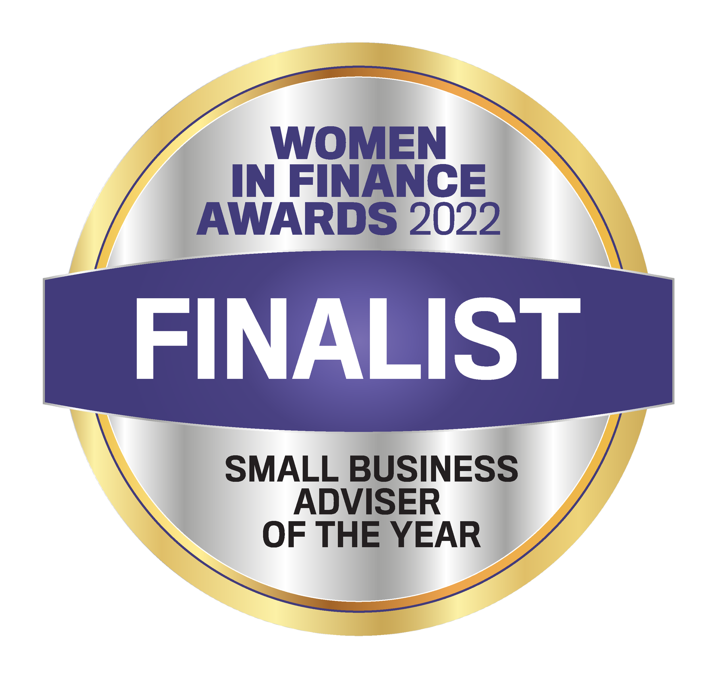 Gold and silver medal with the words 'Women in Finance Awards 2022' and 'Finalist' in bold, uppercase letters, and additional text indicating a small business award.