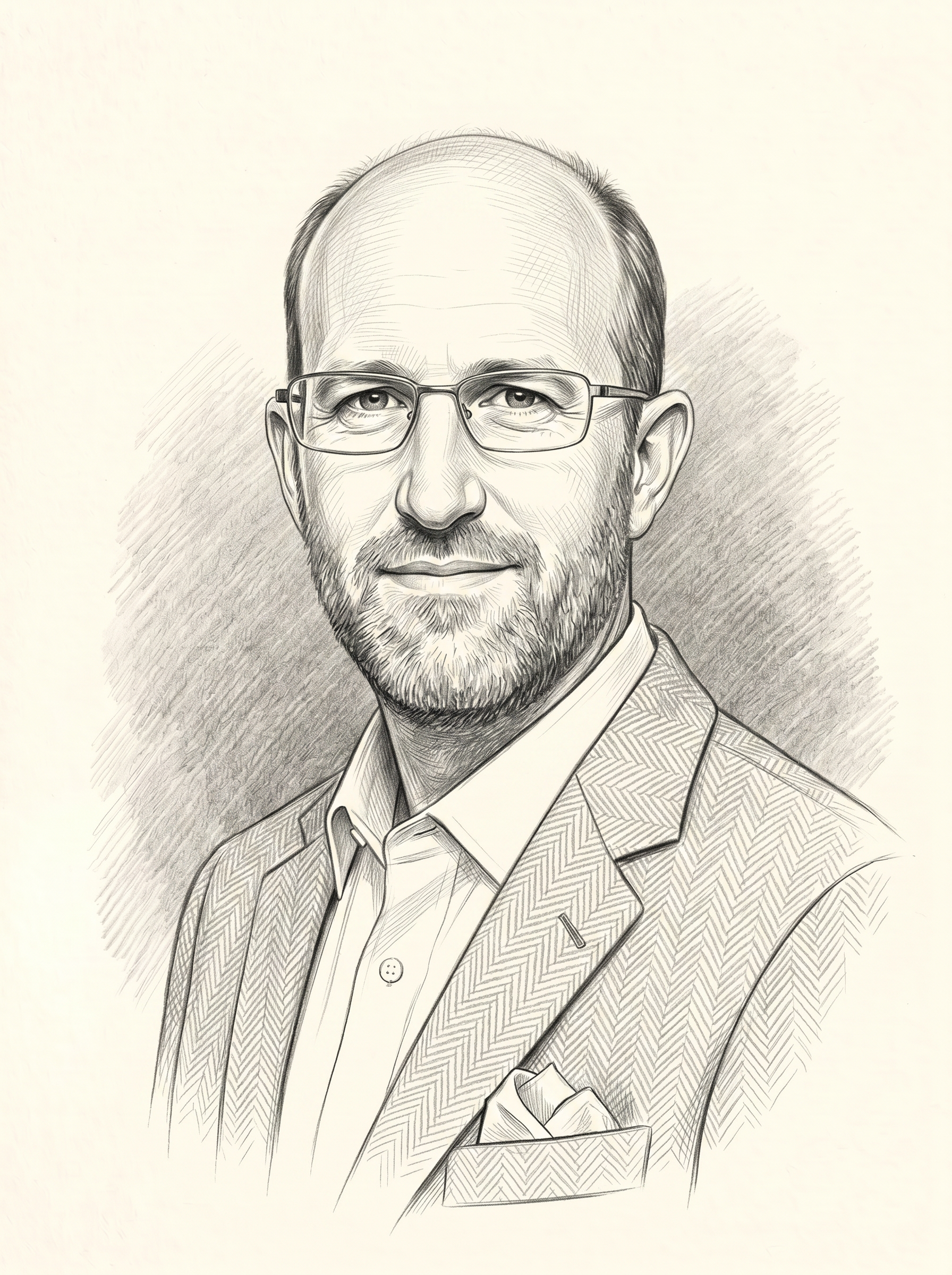 Black and white drawing of a man wearing glasses, a suit, and a pocket square. He has a beard and mustache, and is looking at the camera.