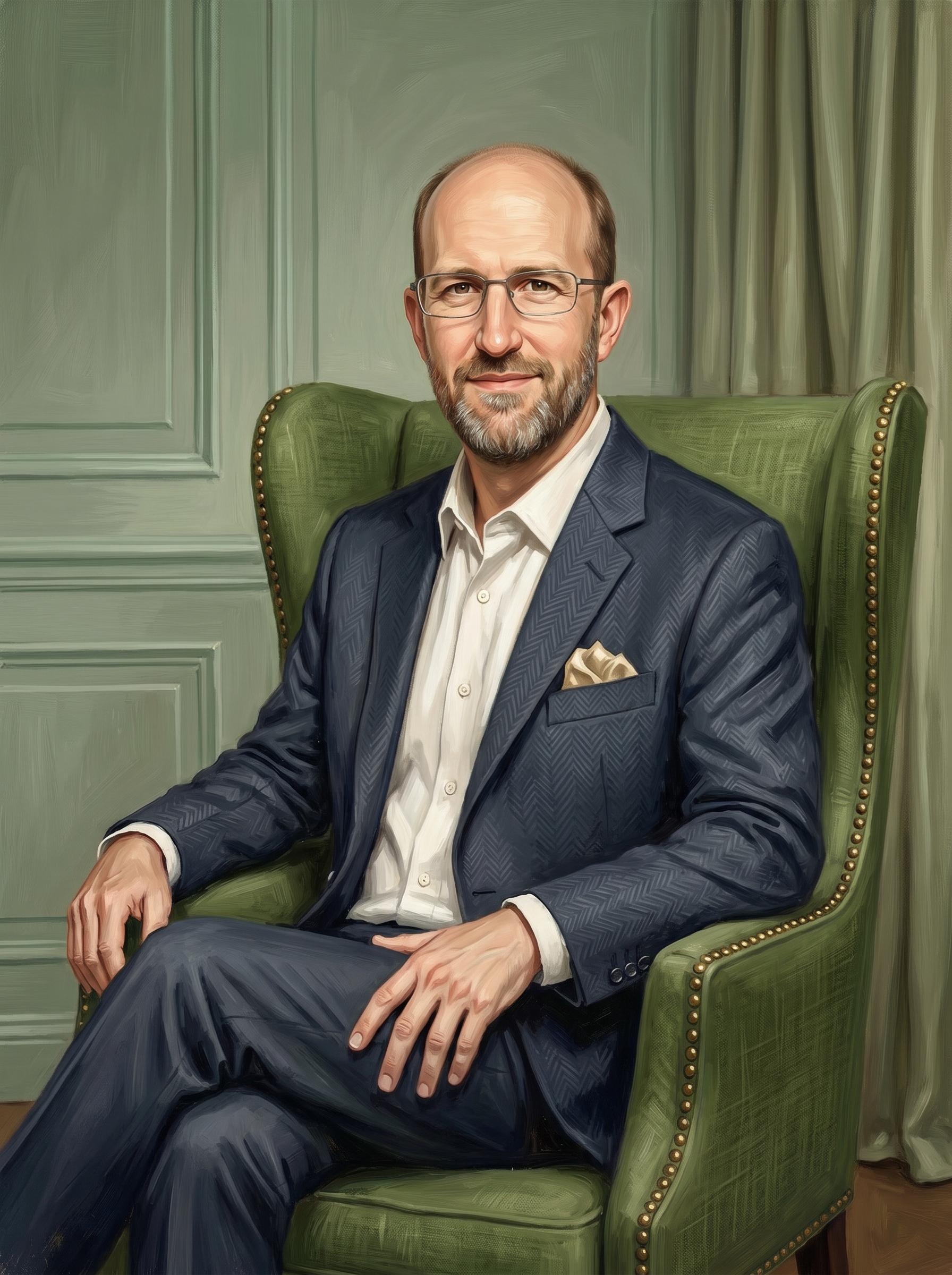 Portrait of a middle-aged man with a beard and glasses, wearing a suit, sitting in a green armchair in a room with green paneled walls and curtains.