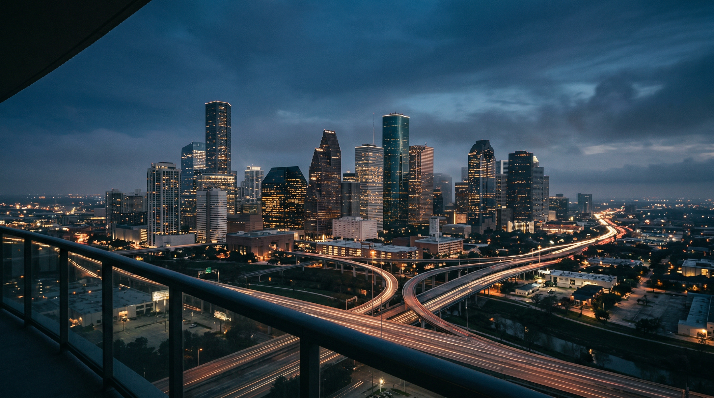 Nighttime photograph of the Houston skyline with illuminated skyscrapers and freeway traffic viewed from a balcony overlooking downtown.