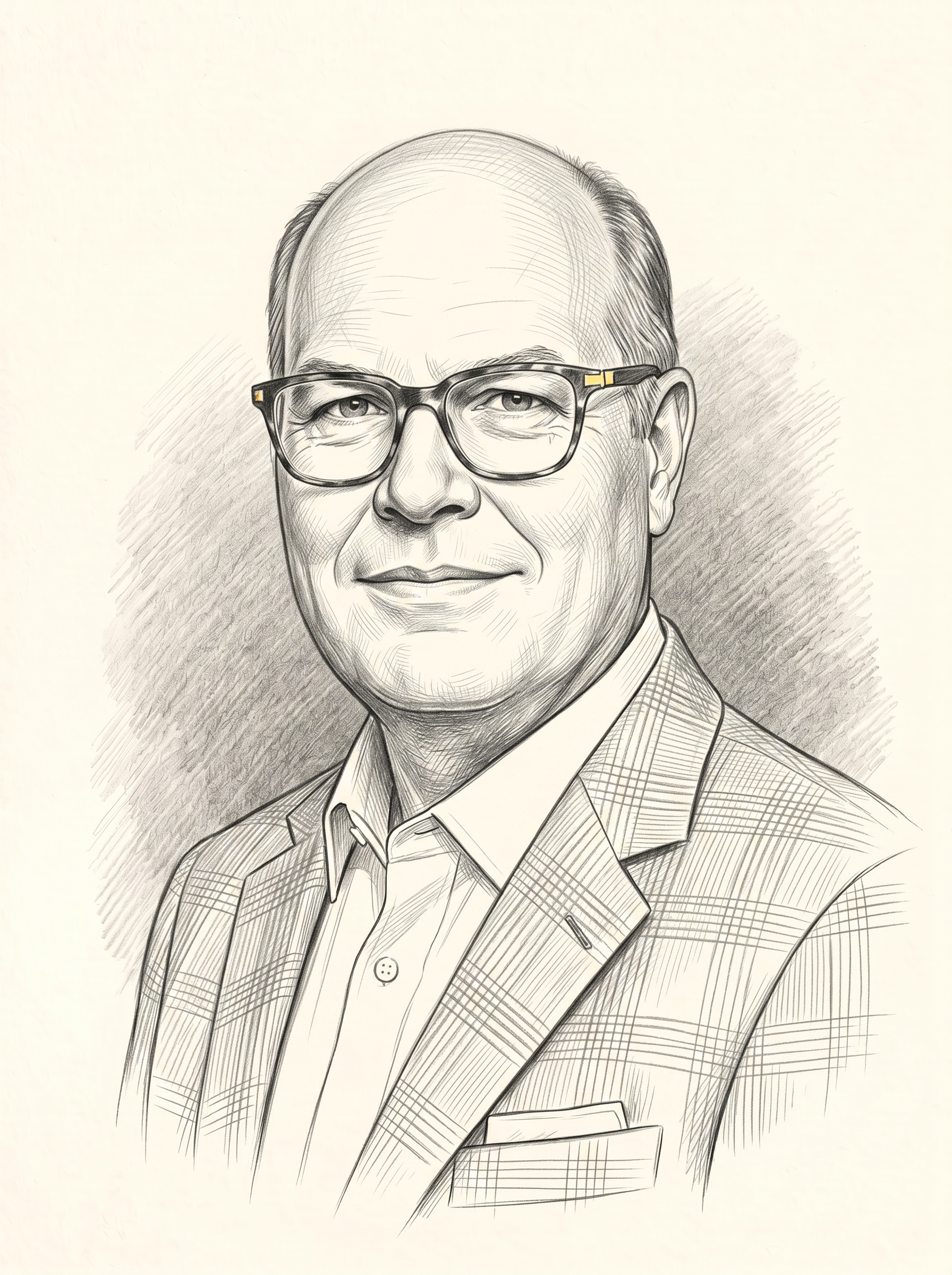 A detailed black and white pencil sketch of a middle-aged man with short hair, wearing glasses, a collared shirt, and a checked blazer, looking confidently at the viewer.