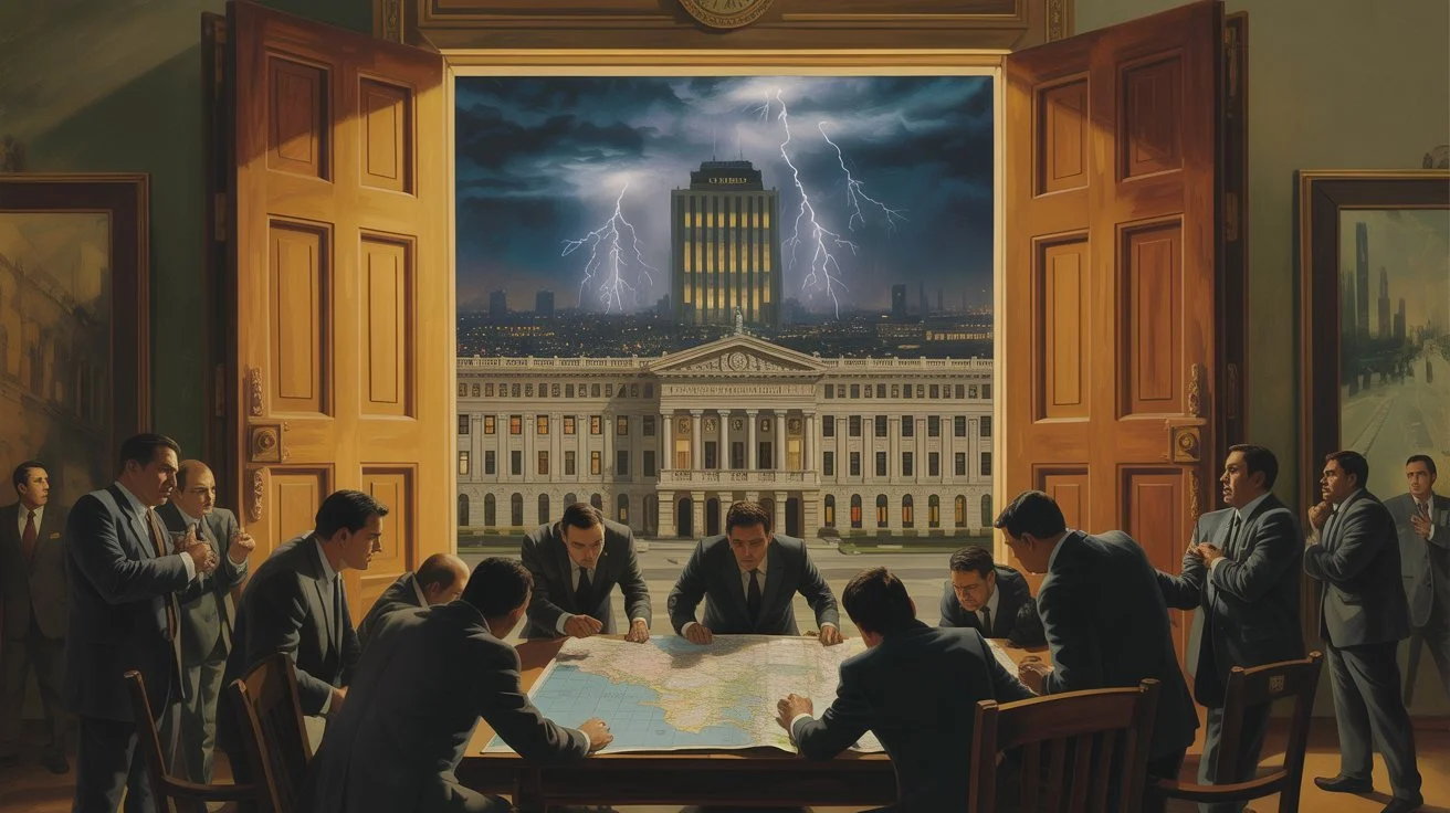Dramatic oil painting of officials meeting in a government war room as lightning strikes behind a distant federal courthouse, symbolizing a political and legal crisis.