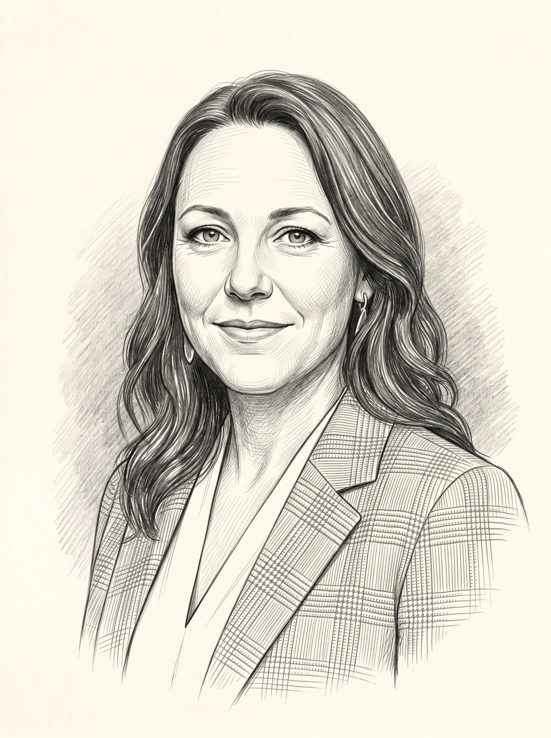 A black and white portrait illustration of a woman with long wavy hair, wearing a plaid blazer and earrings.