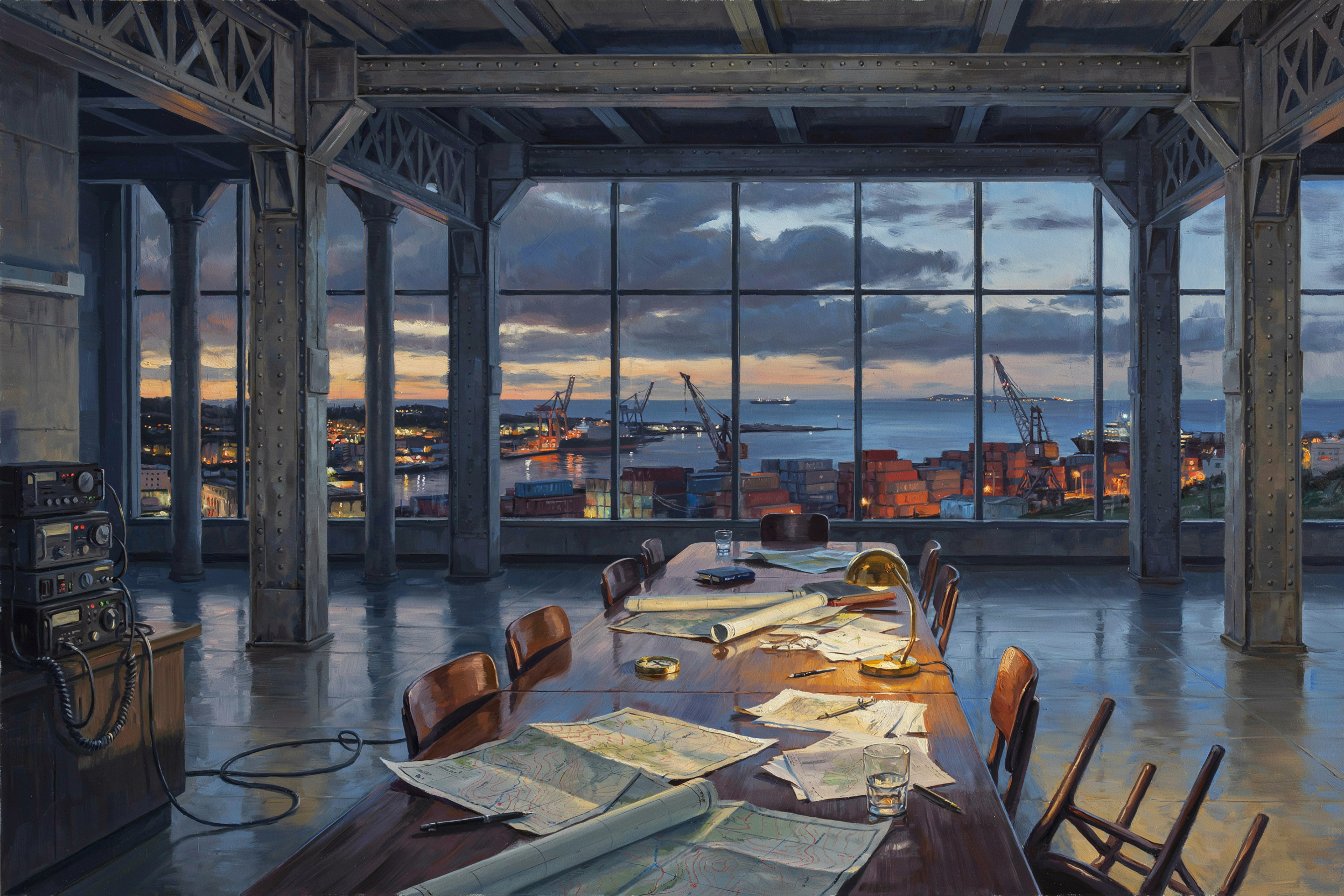 Painterly oil illustration of an empty military command center overlooking a damaged postal port  at dusk, storm clouds building a coastal port over the water, amber light lamp on maps, and communications equipment.