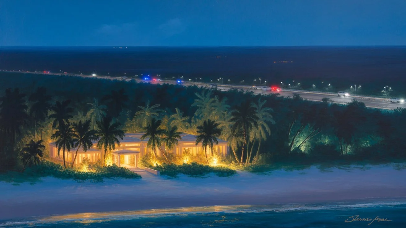Editorial oil‑painting illustration of a luxury beachfront resort in Tulum glowing at night while a distant jungle highway shows flashing police lights beyond the resort zone.