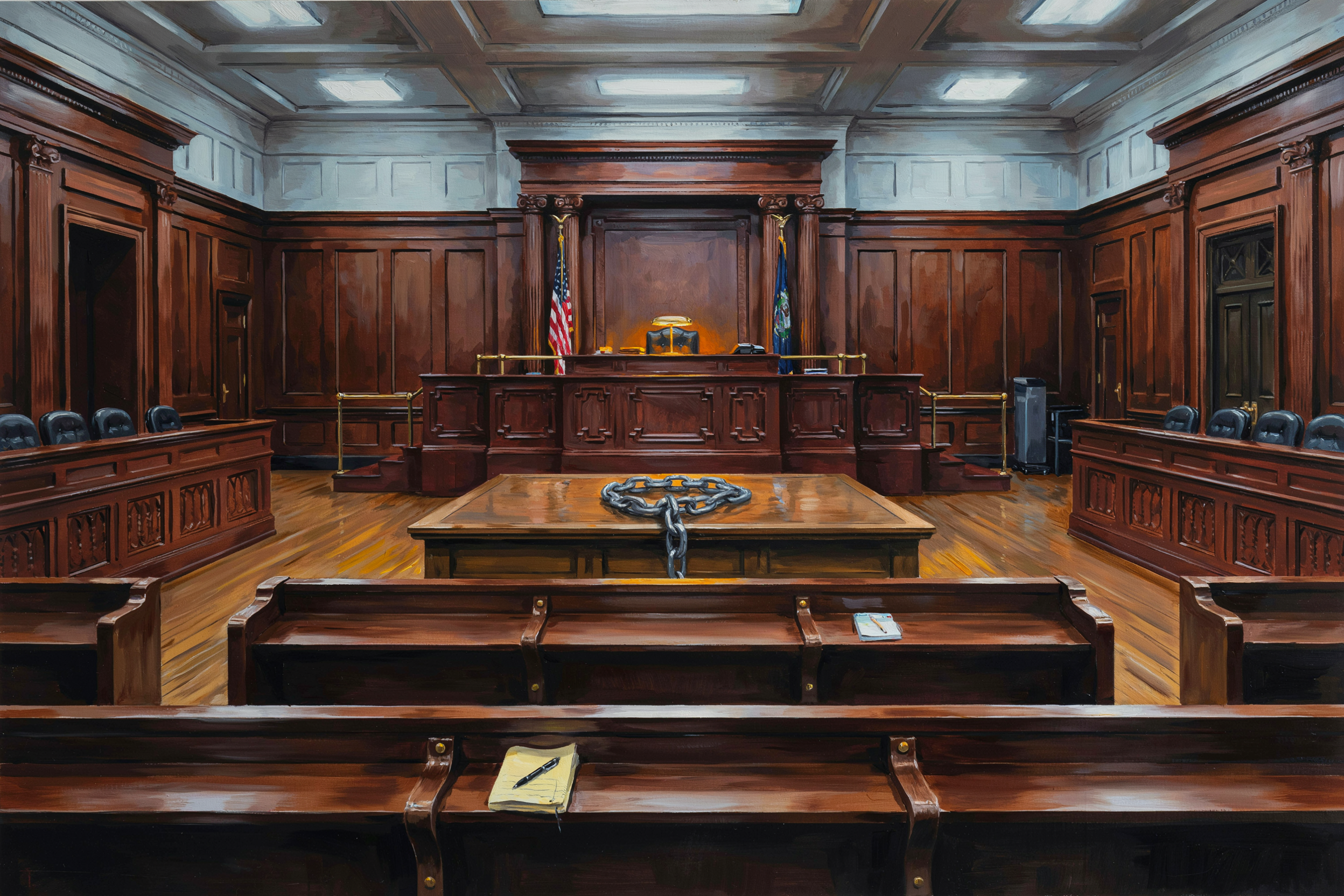 Editorial oil painting of an empty federal courtroom — a heavy steel chain on the defendant's table catching amber light from the judge's bench lamp. Artwork for GO PRIVATELY LLC article: The Morena List.