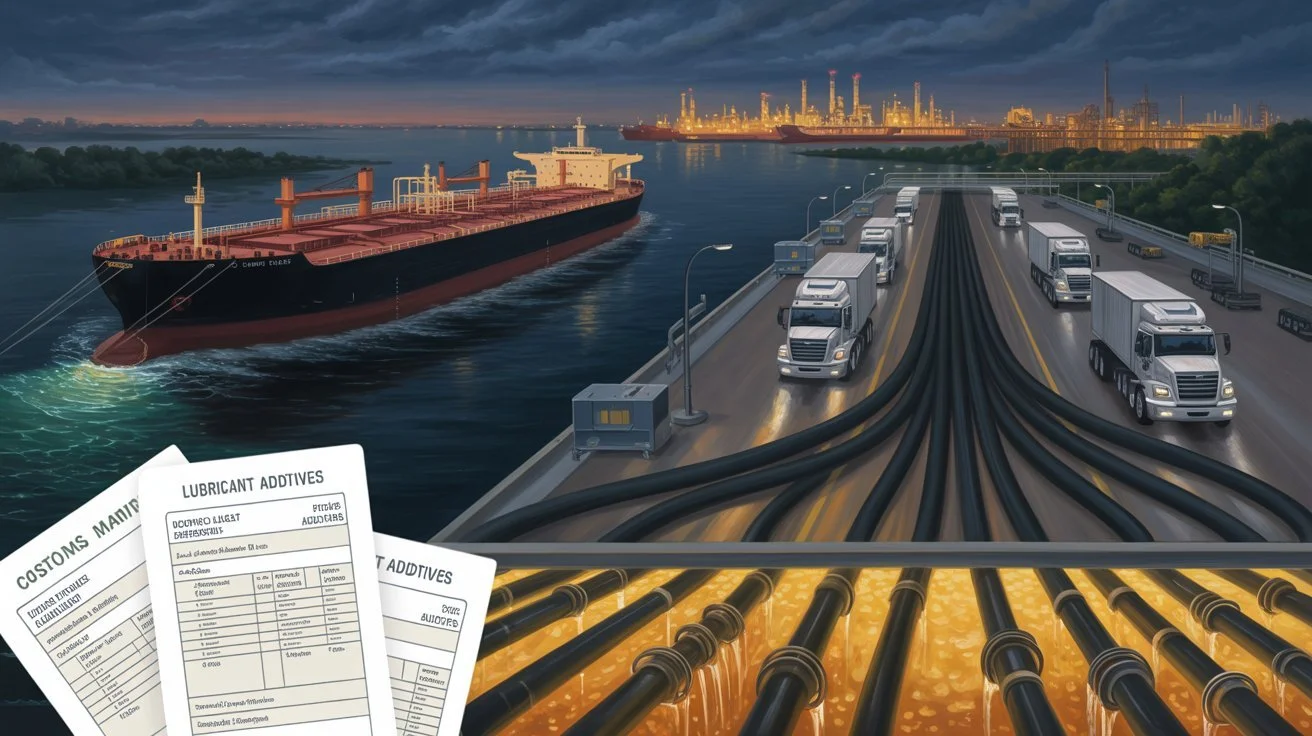 Editorial illustration of an oil tanker and fuel trucks loading diesel at port, representing fiscal huachicol smuggling between Houston and Mexican ports.