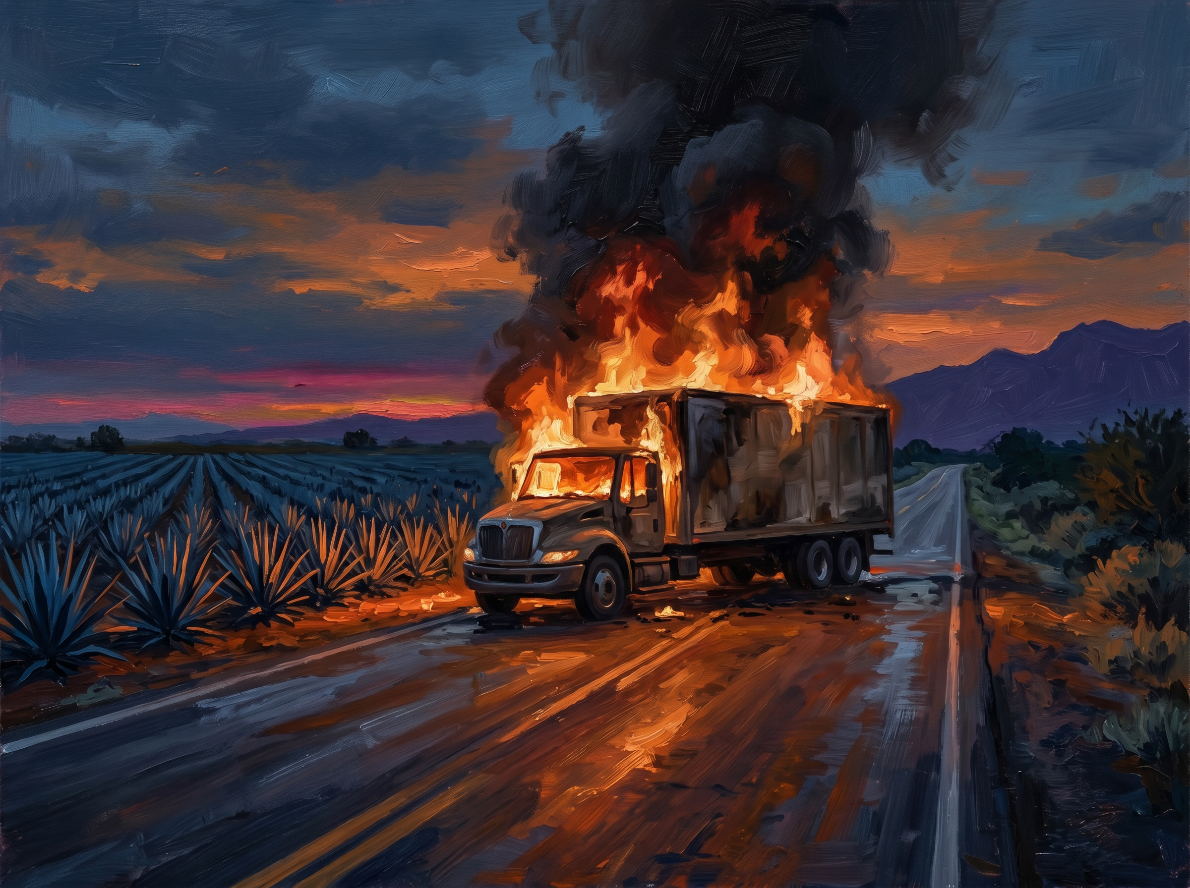 Editorial oil‑painting illustration of a burning fuel truck on a rural road at sunset.