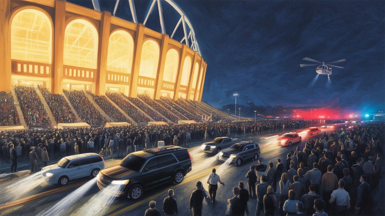 Editorial oil‑painting illustration of a World Cup stadium in Mexico with crowds and VIP arrivals, symbolizing security and logistics challenges during FIFA 2026.