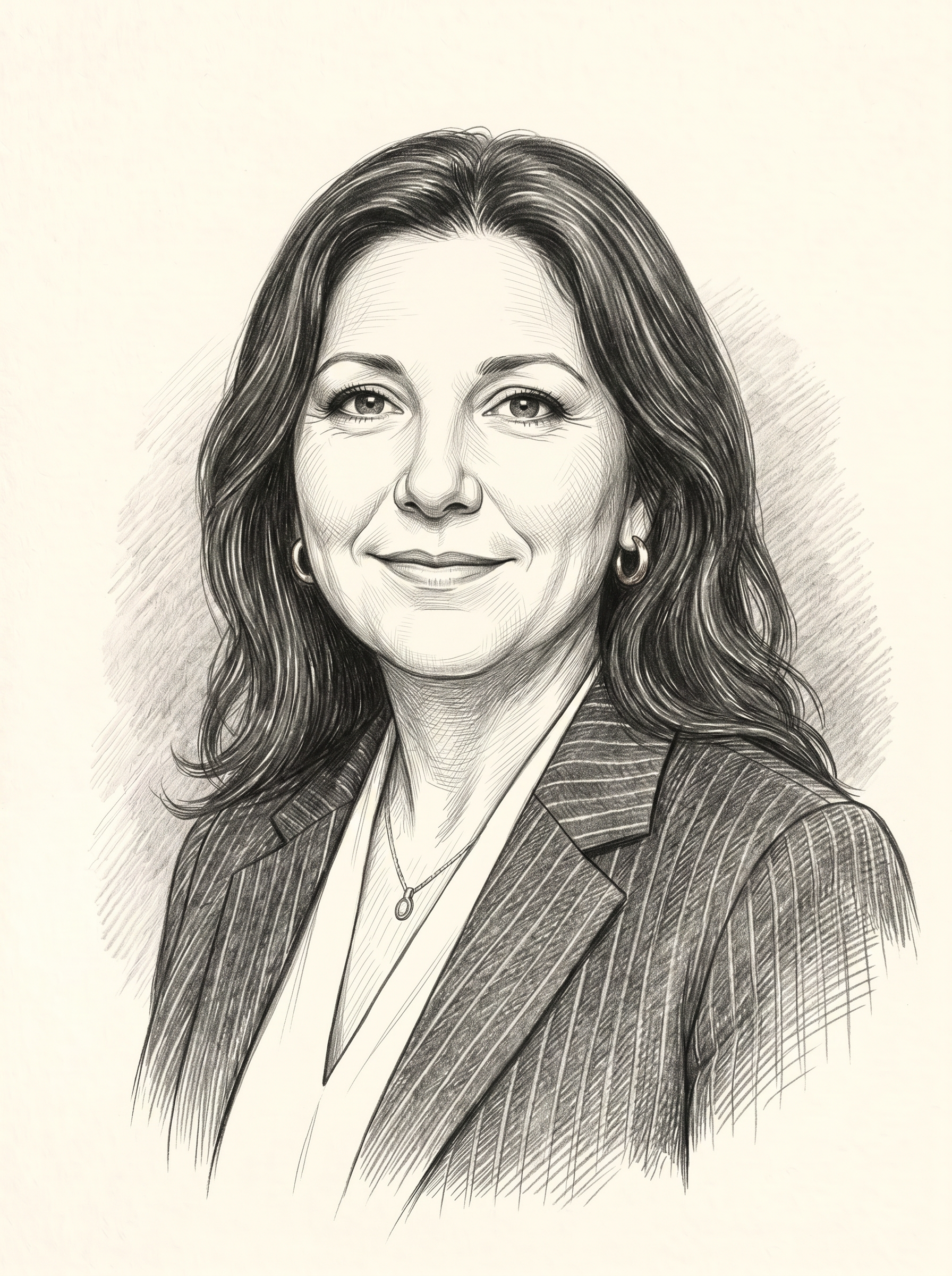 A detailed black and white portrait drawing of a woman with long, wavy hair, wearing a striped blazer, white shirt, earrings, and a necklace with a small pendant.
