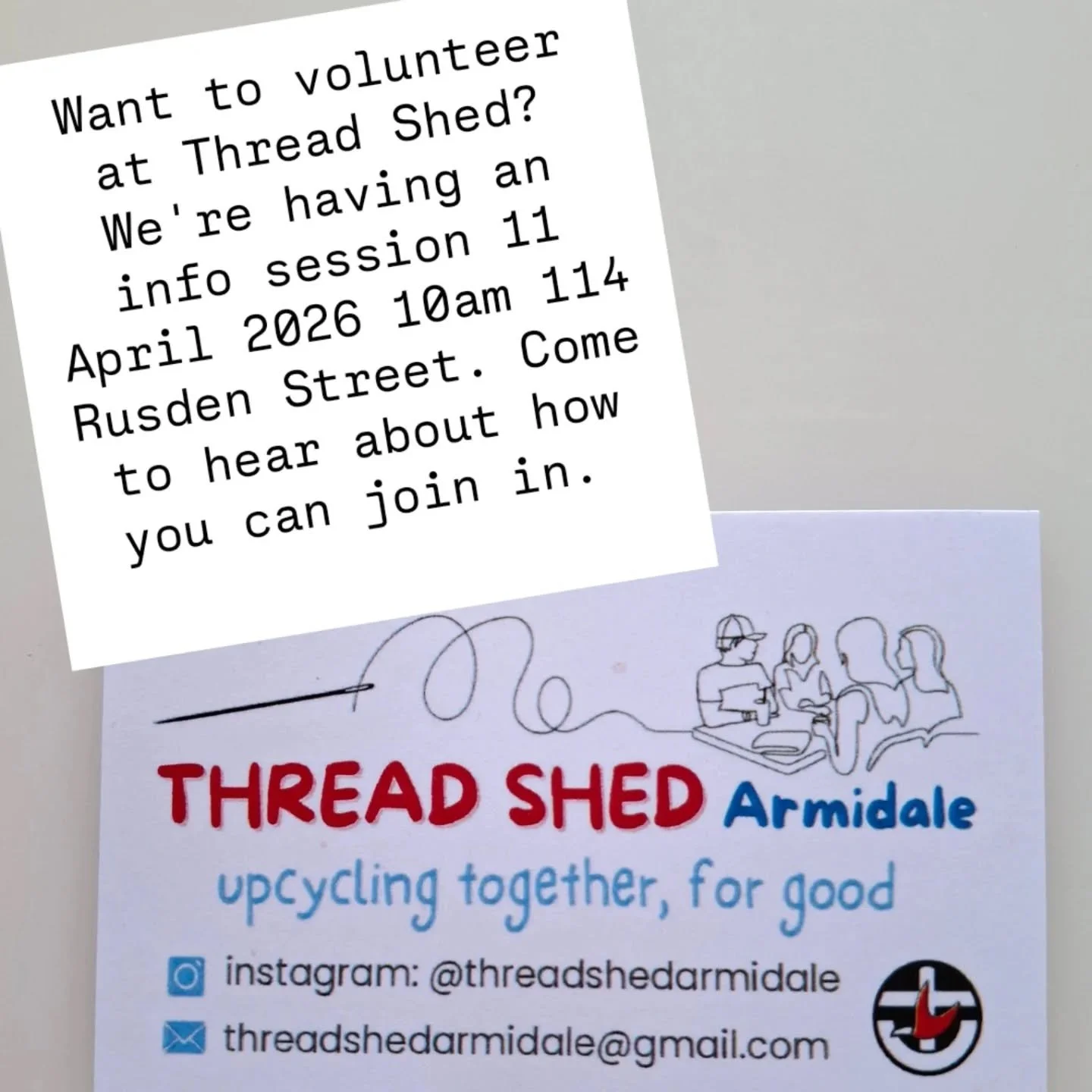 Hope you can join us this Saturday morning where we'll be talking about what Thread Shed is all about and how we'd love to have you volunteer a few hours a week or month. See you then?