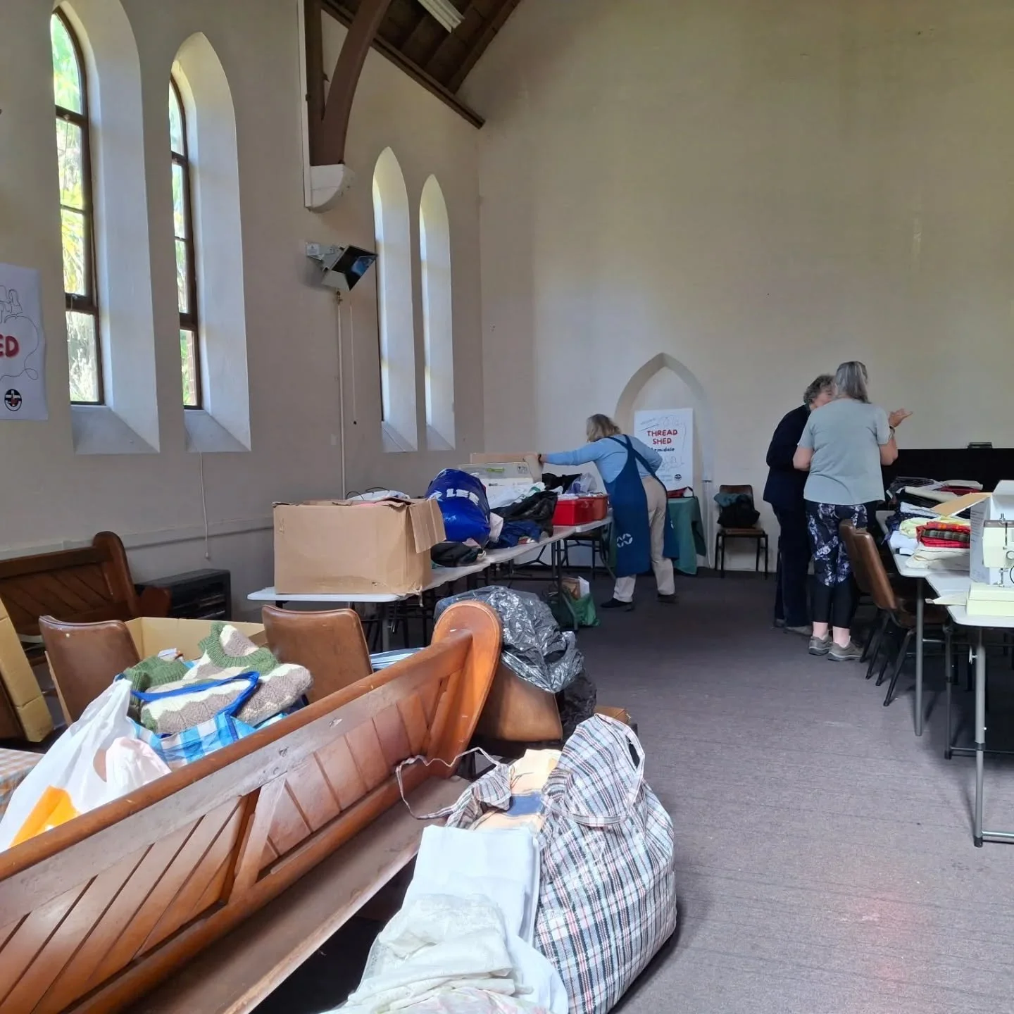 There's palpable excitement here at Thread Shed Armidale today! Many of the volunteers who signed up on Saturday are back again, helping to set up equipment and sort fabrics for future projects.
The place will be truly humming when we officially open
