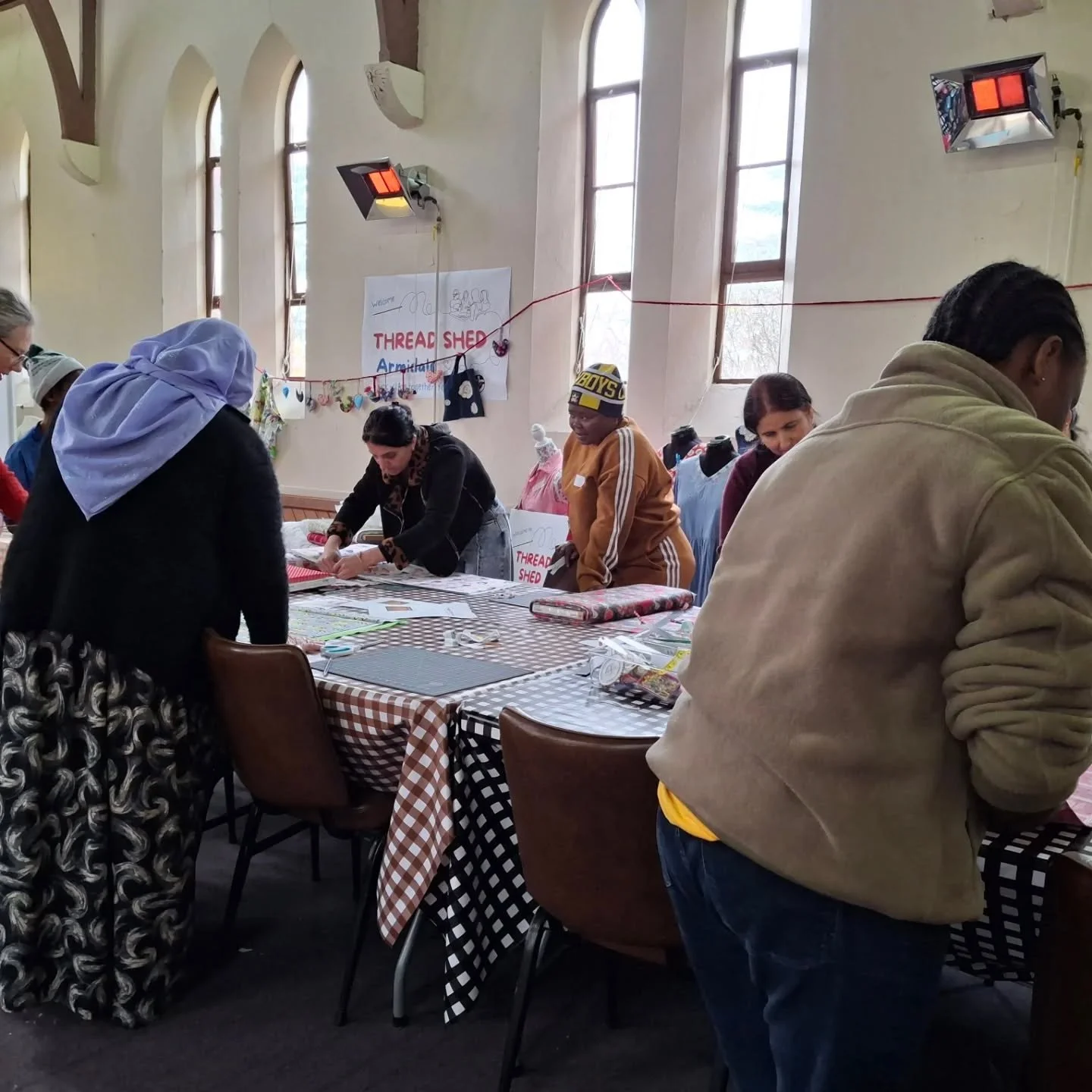 Busy day at Thread Shed today. First up, social stitching where people bring their own project and work on it while chatting together, then in the afternoon we had a sewing lesson for Ezidi and Congolese women, who made these gorgeous cushion covers!