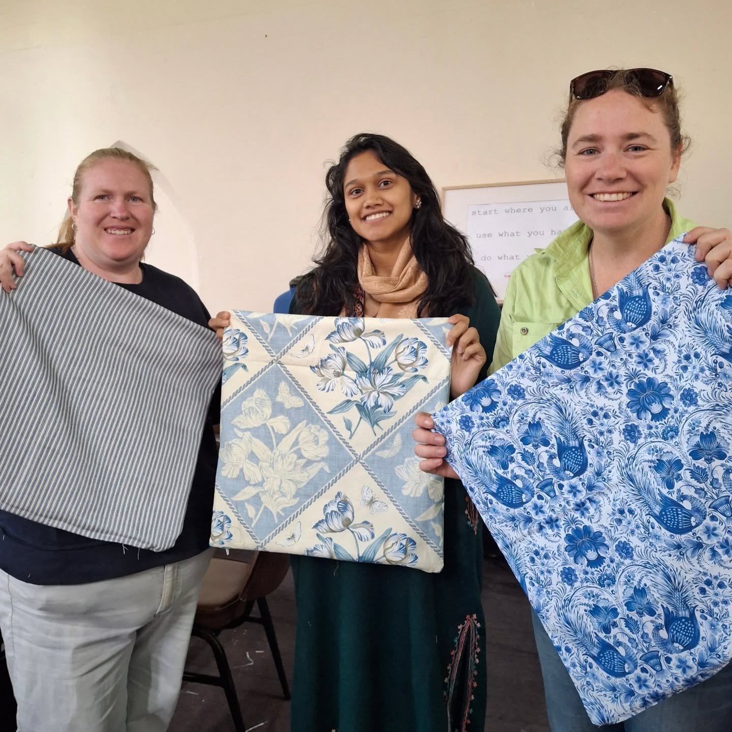 A few of the fabulous cushion covers made this morning at Thread Shed. Then in the afternoon mending workshop the brilliant Narelle worked with Dee, the owner of this fine merino tee to do a creative visible mend with cherry blossoms.  The tee was un