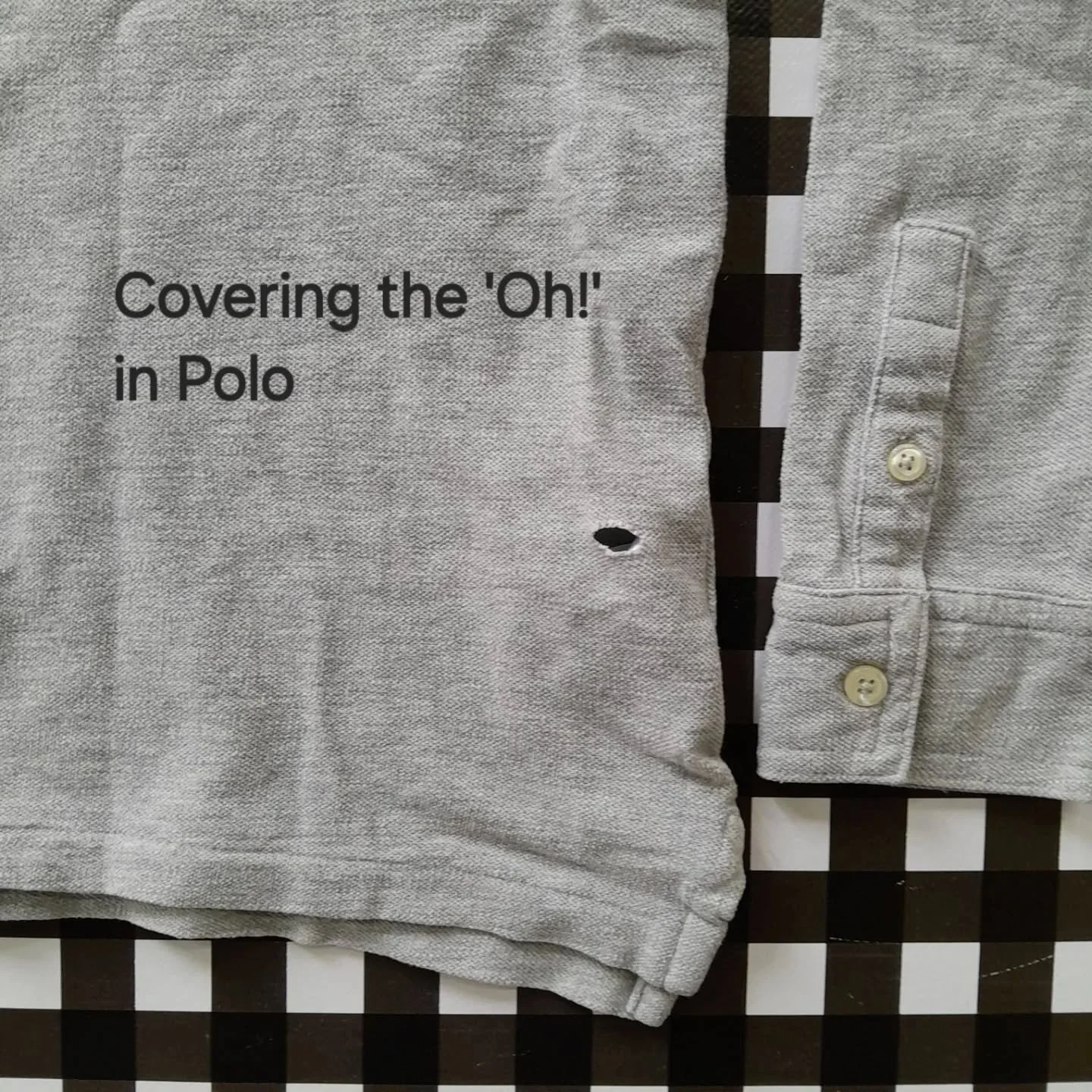Here's an innovative repair for a garment with a small hole, designed by our creative volunteer Barbara. This child's tee has plenty of life left in it, but that hole in the side needed fixing. Barbara has repaired the hole to keep it sturdy then rem