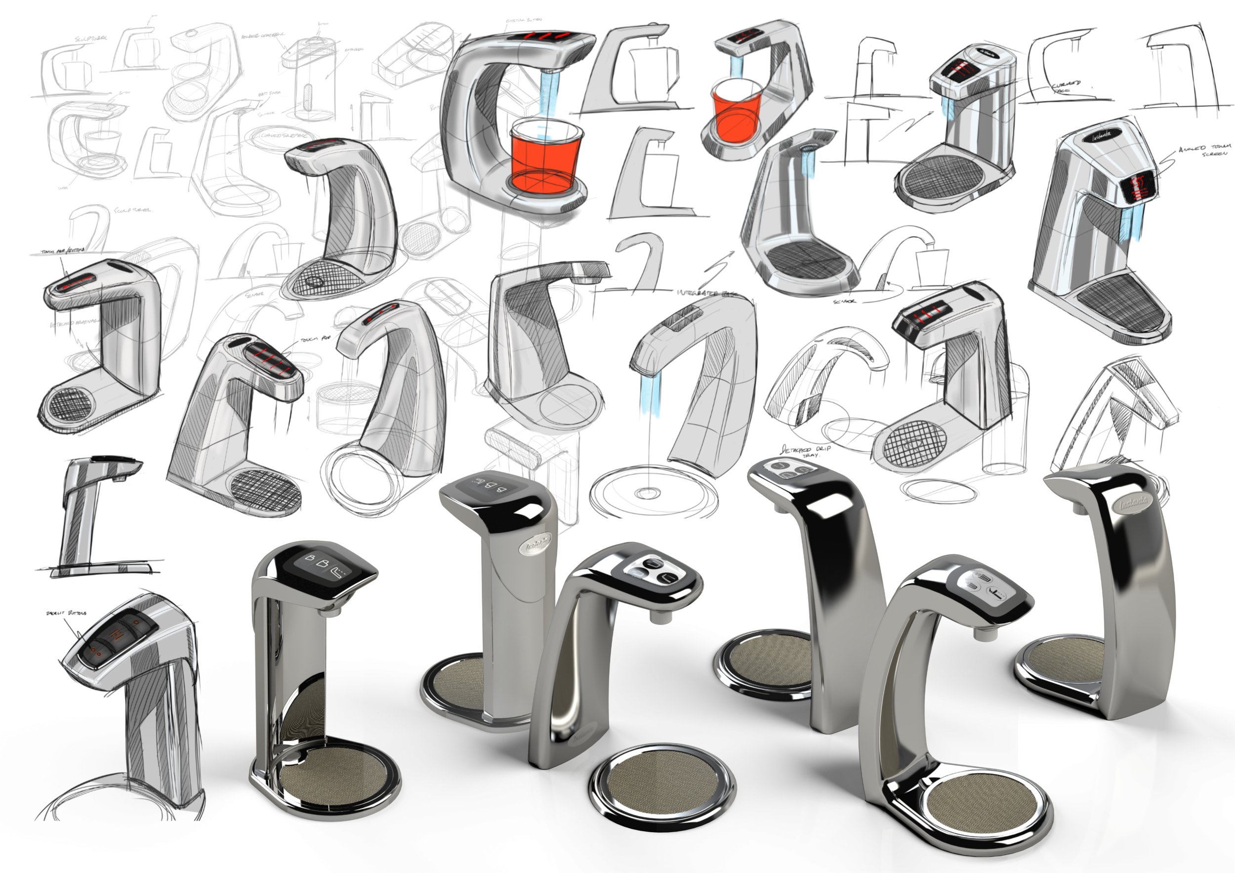A collection of design sketches and renderings of modern coffee makers in various styles and angles, including some with digital displays and water dispensing features.