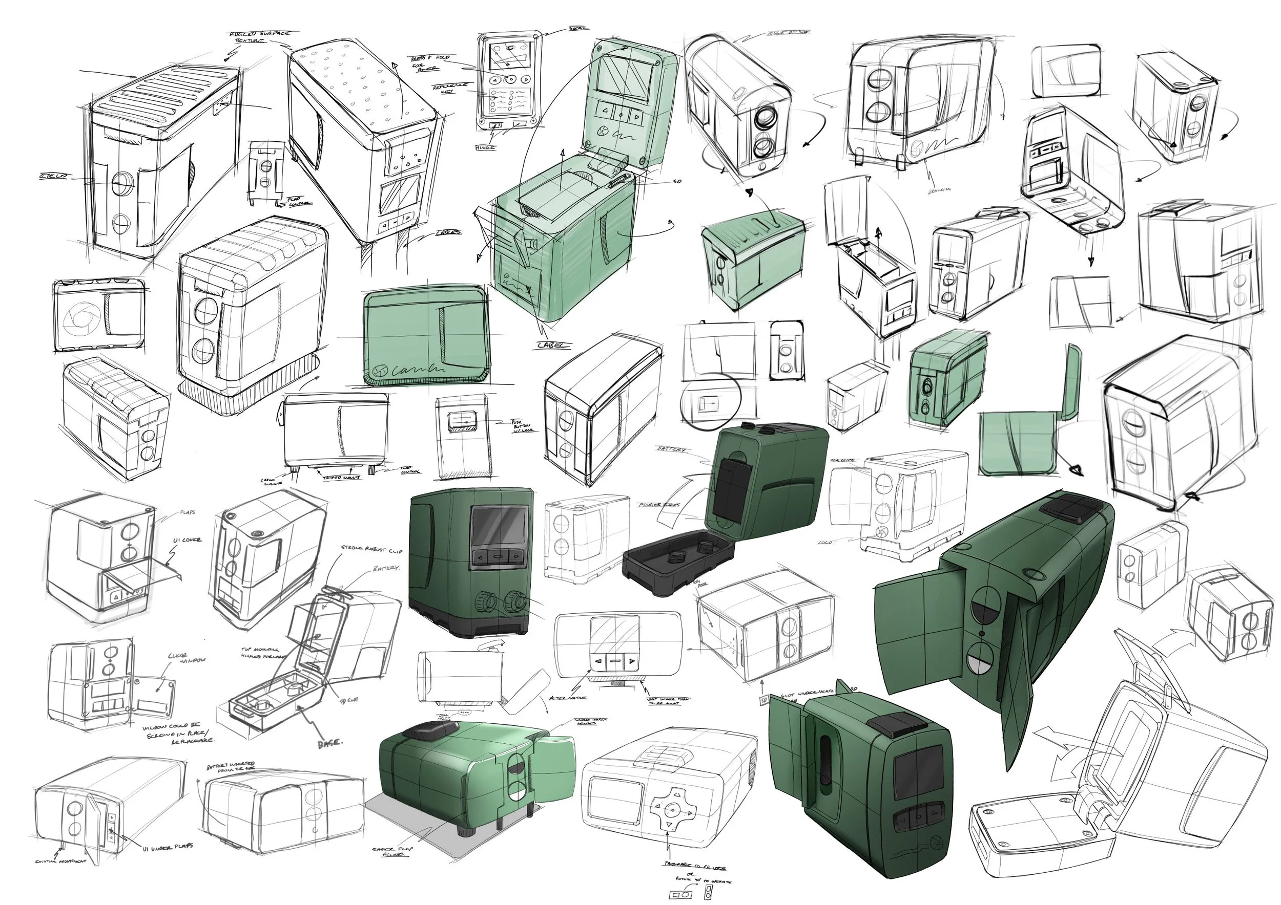A detailed sketch of various electronic device designs, including printers, scanners, and portable gadgets, with notes and color highlights indicating different features and concepts.