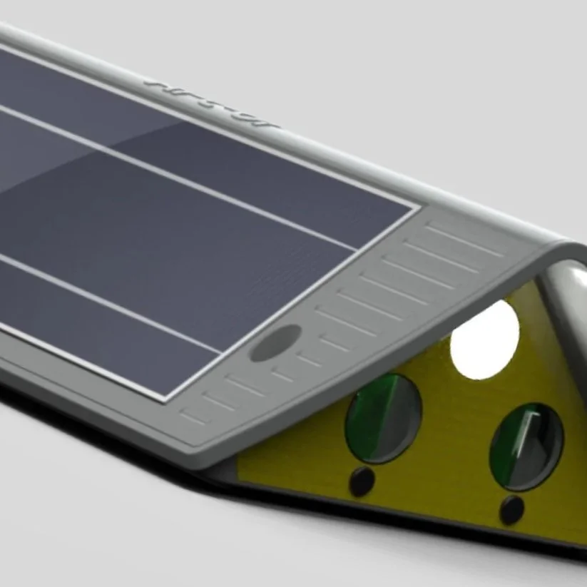Solar powered lighting for road traffic management in low light environments.