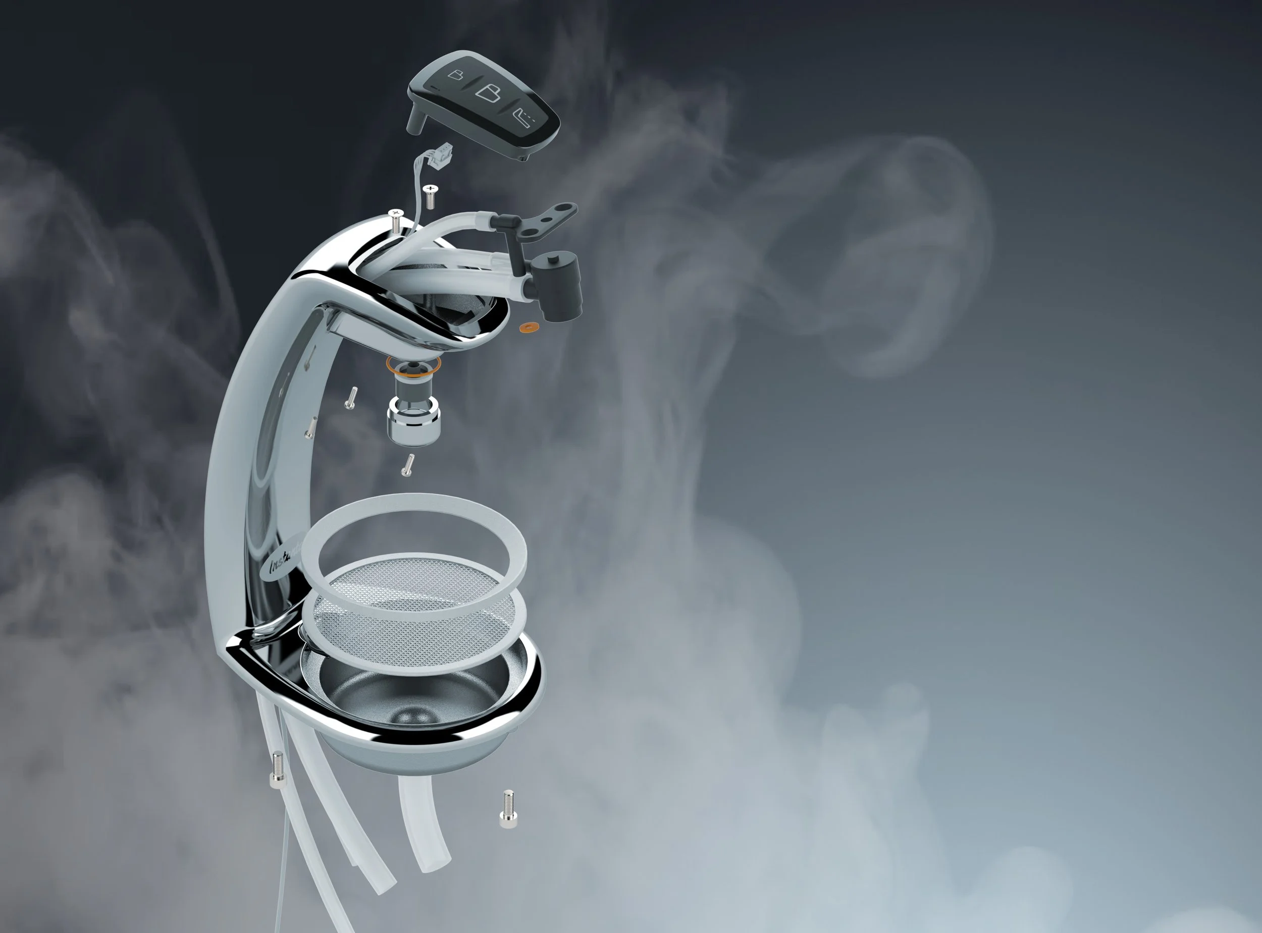 Exploded view of a modern instant water dispenser assembly with internal components, screws, and wiring, set against a dark background with smoke or mist.