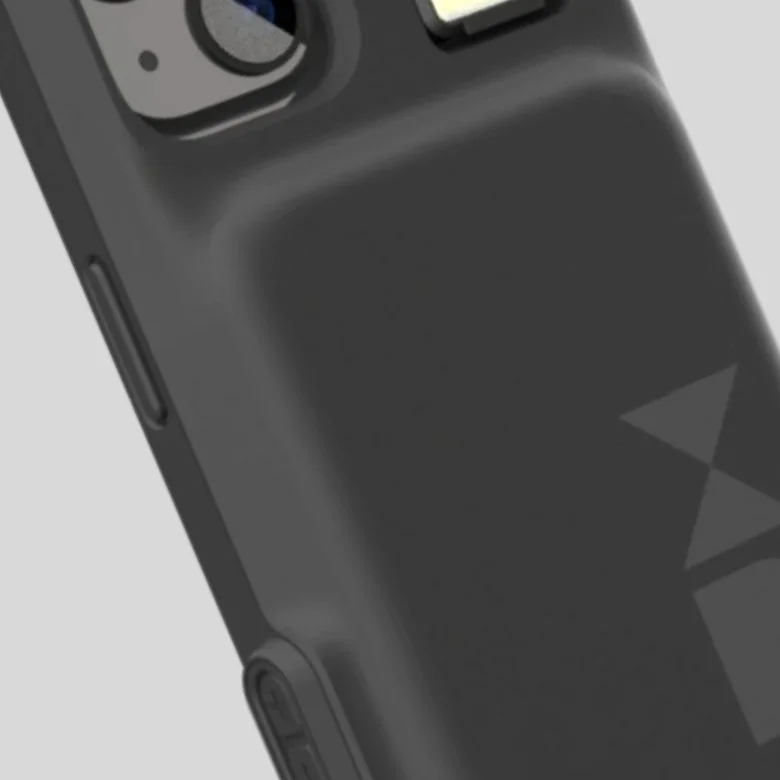 Close-up of the back of a black smartphone case, showing the camera lenses and side buttons.
