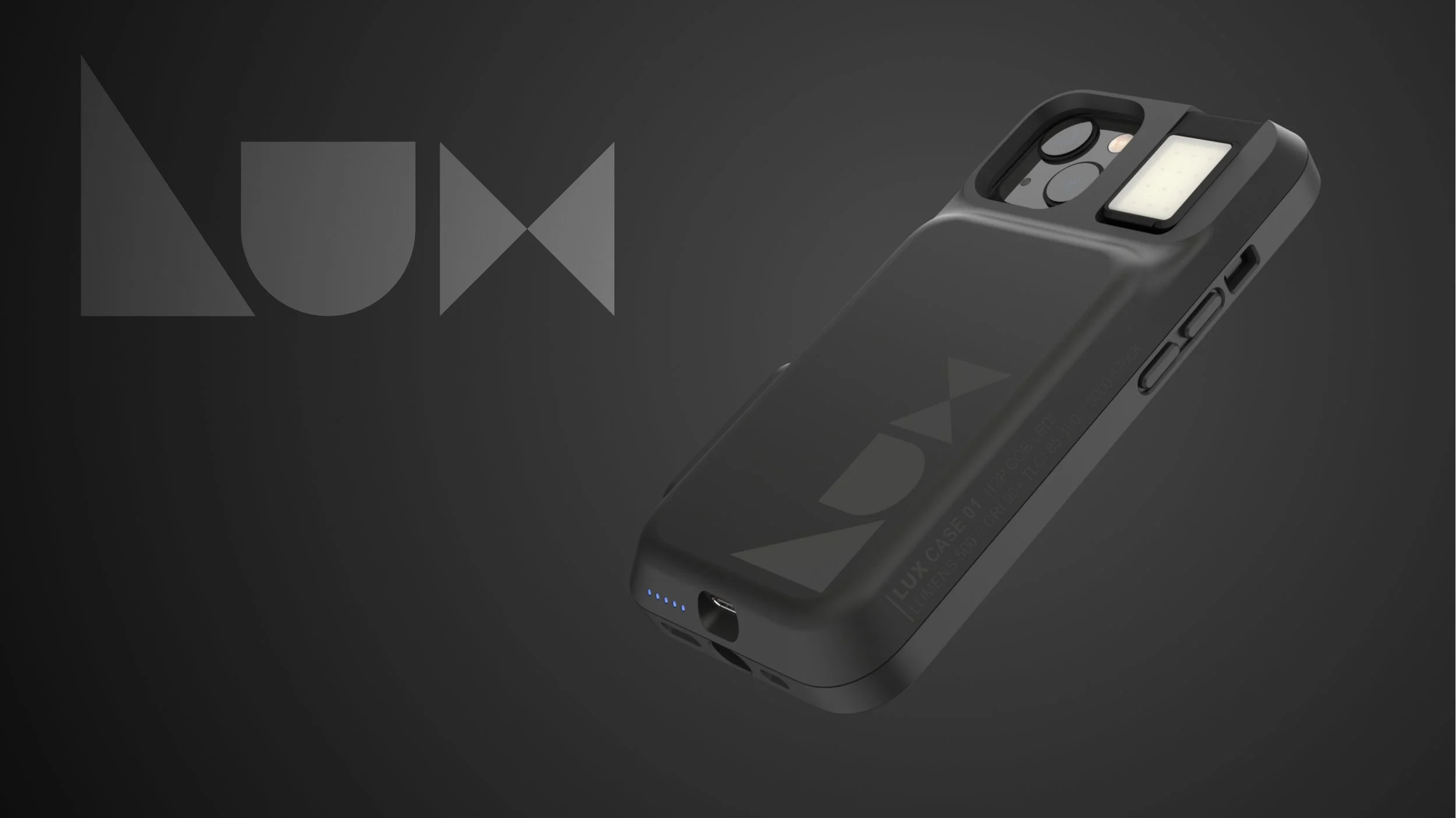 Close-up of a black electronic phone case with a small light and buttons, set against a dark background with partial text reading 'LUX'.