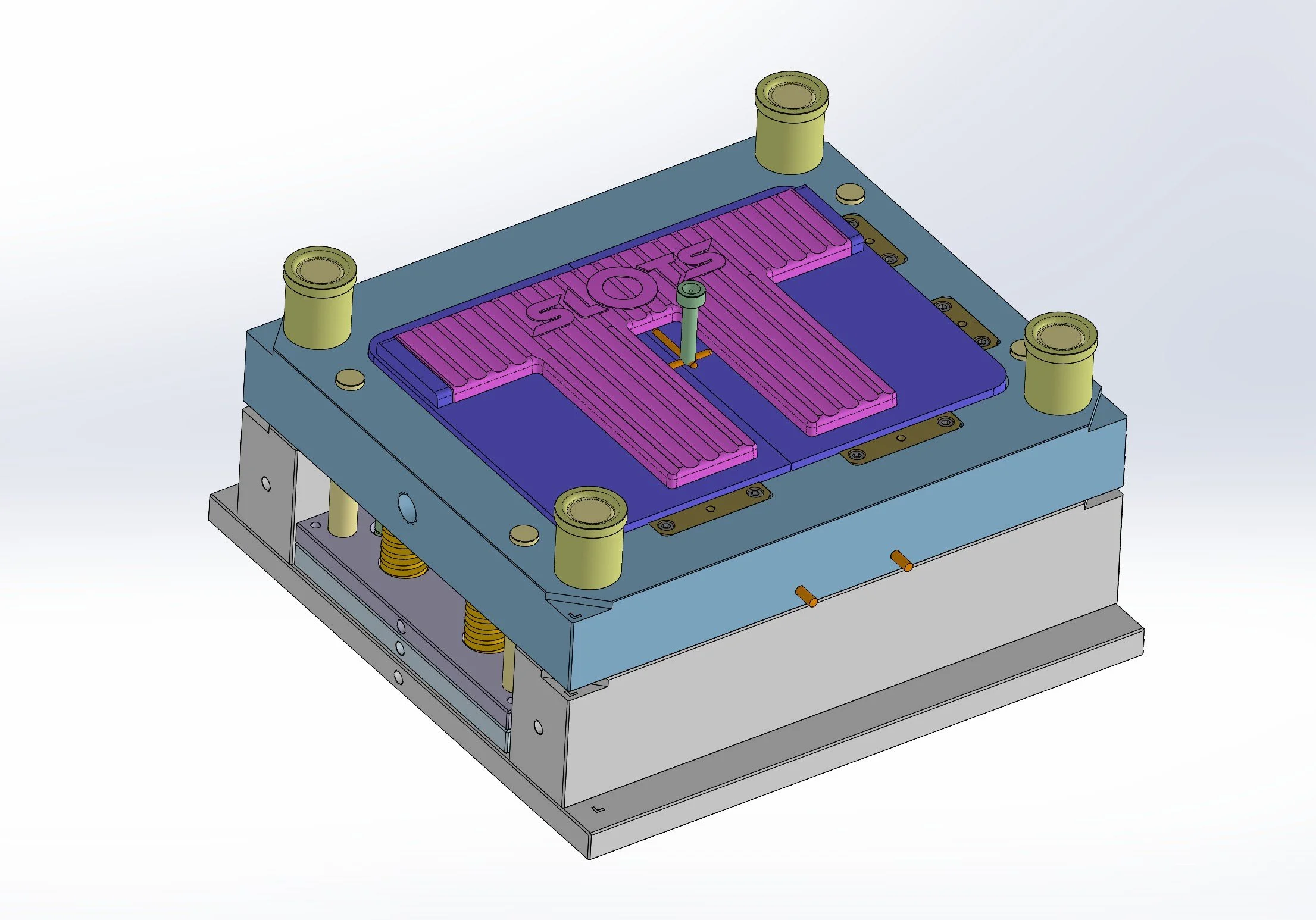3D CAD model of an electronic device or component housing, featuring a heat sink with fins, mounting posts, and a central pin or connector.