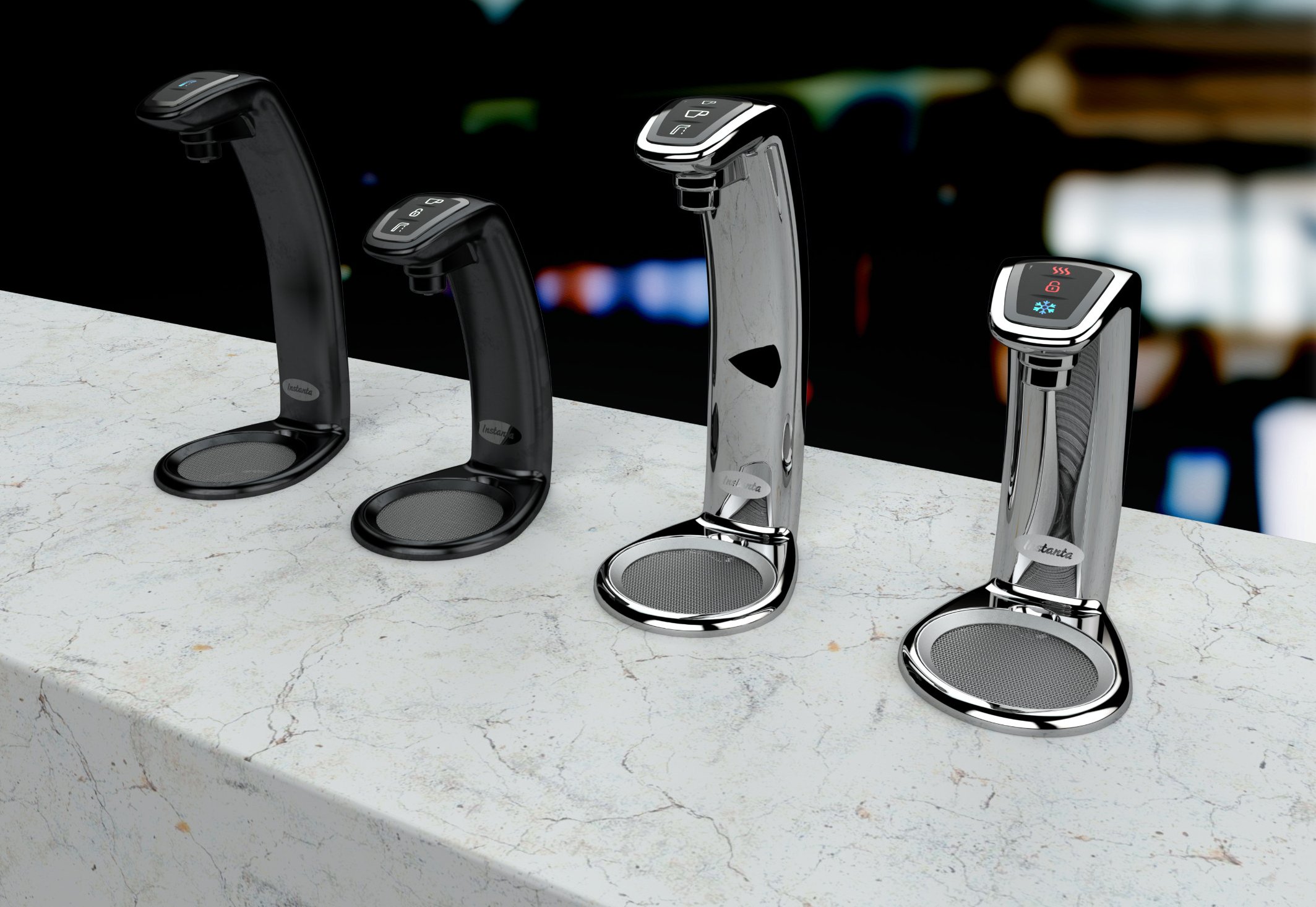 A row of modern faucet hardware on a marble countertop, with digital temperature and function displays.