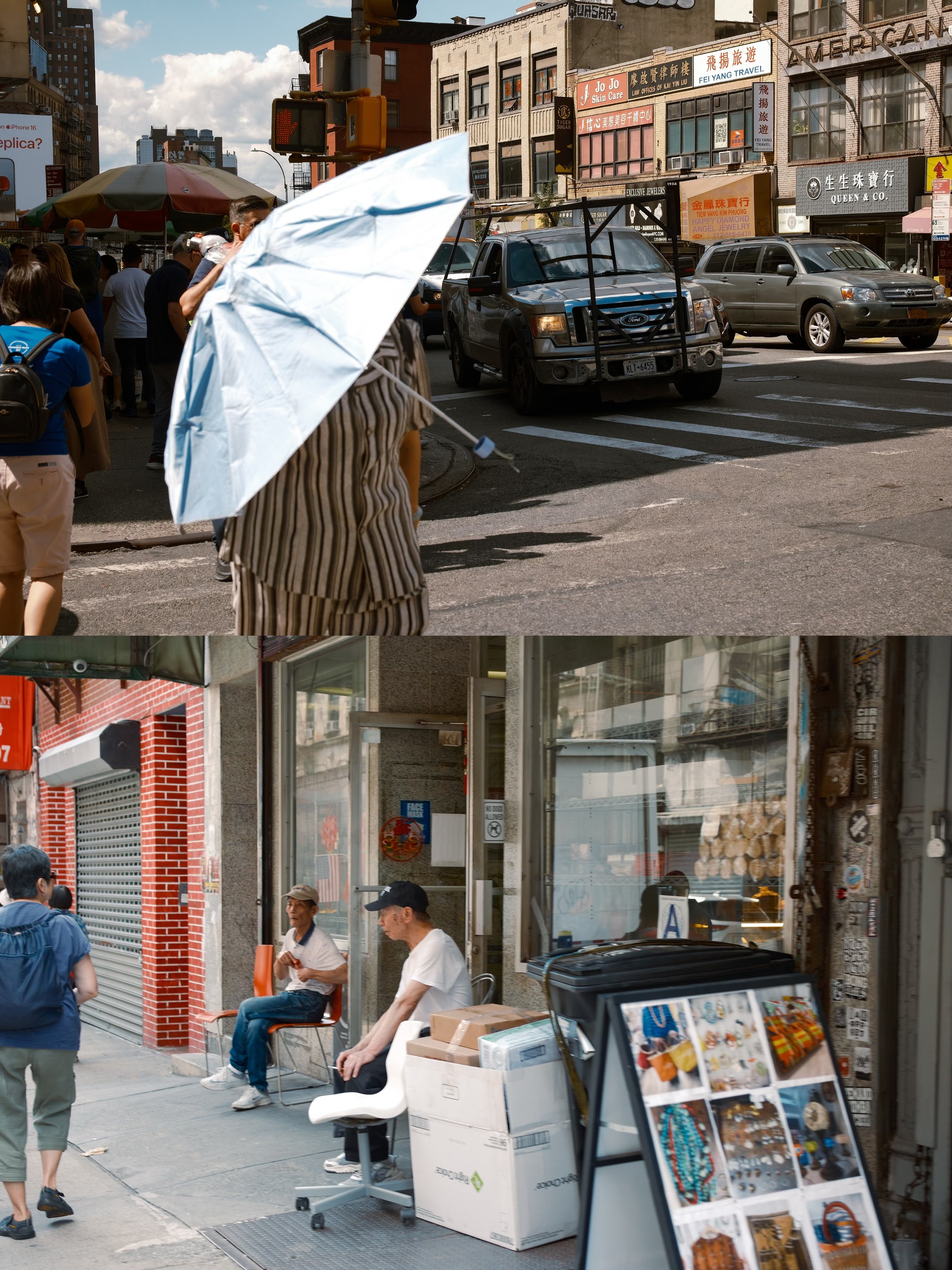 Top image shows a busy city street corner with people walking, cars, and storefronts. A person holding a large white parasol is in the foreground. Bottom image depicts two men sitting outside a shop, one talking on the phone, with various boxes and a