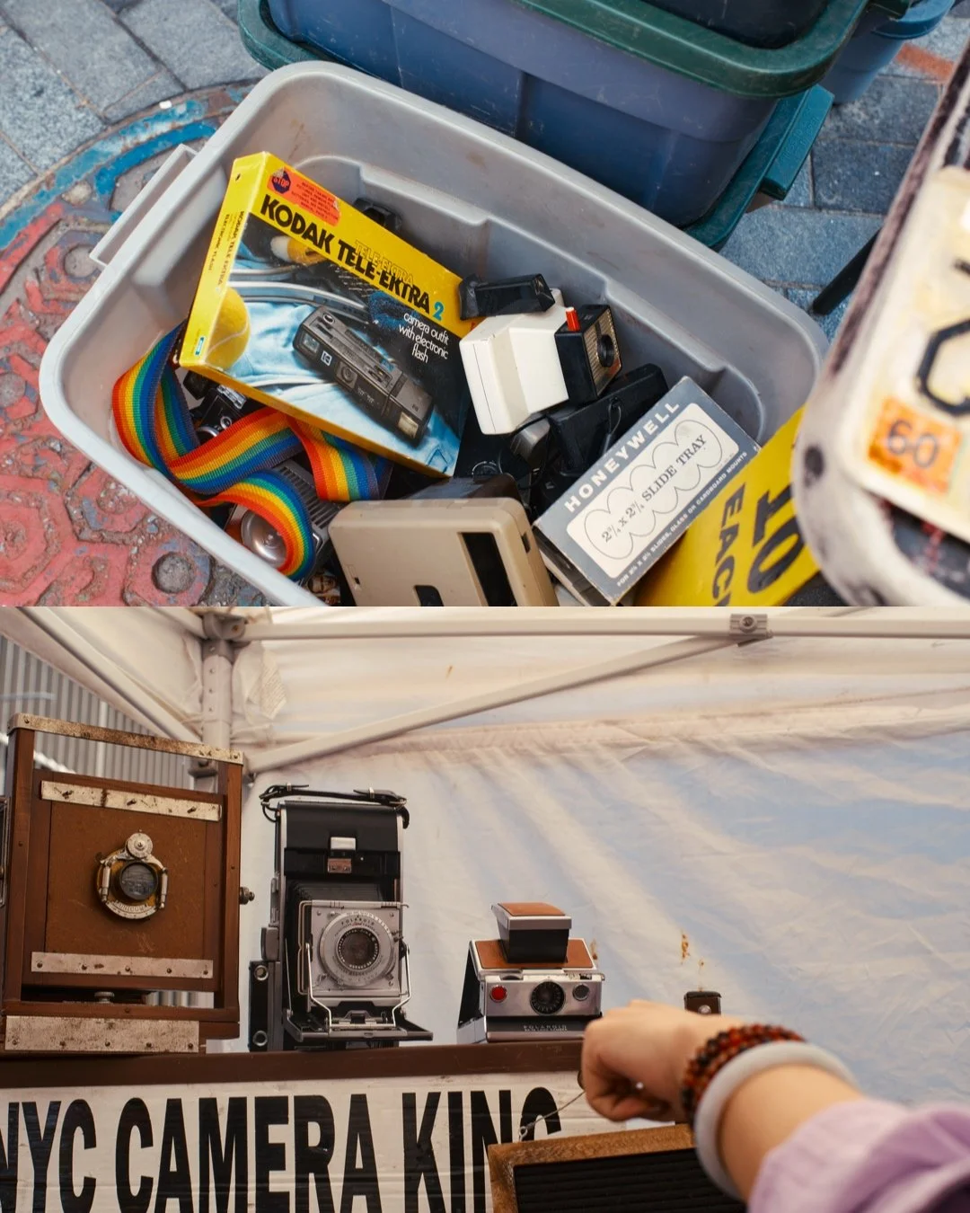 Top: A white plastic bin containing vintage cameras, a box of Kodak tele-ekt 2 camera, a Honeywell slide tray, a rainbow strap, and various camera parts. Bottom: A row of vintage cameras displayed under a tent at NYC Camera King, with a person's arm 